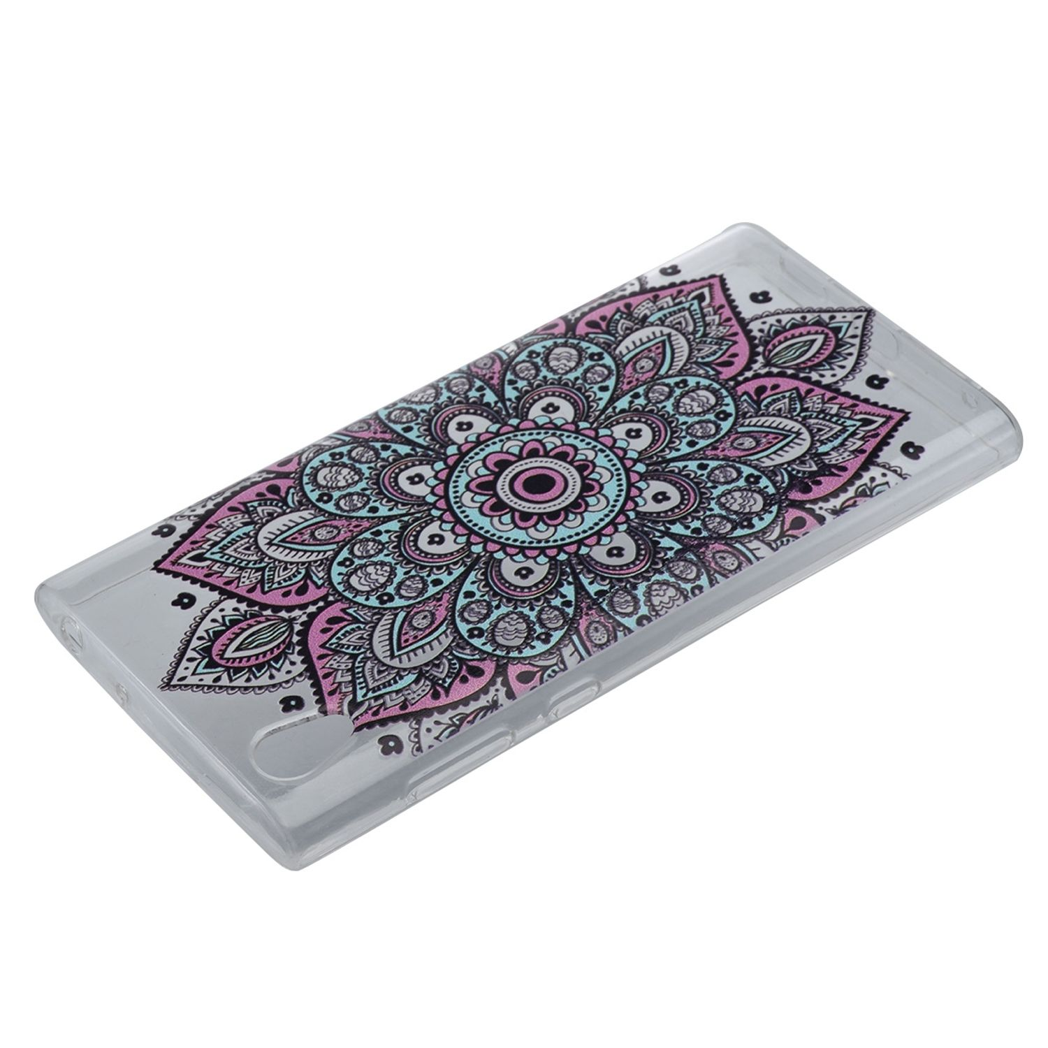 Eine transparente Handyhülle mit farbenfrohem Mandala-Design. Die Hülle hat eine rechteckige Form.