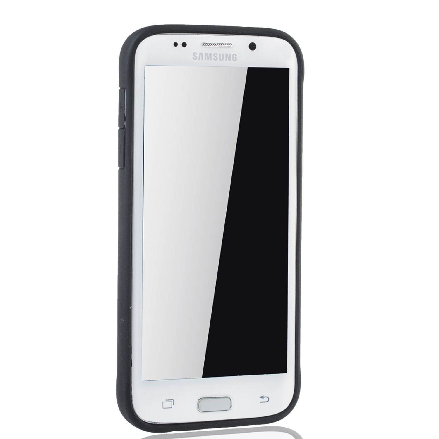 Weißes Samsung-Telefon in einer schwarzen Hülle. Das Telefon ist weiß, die Hülle schwarz.