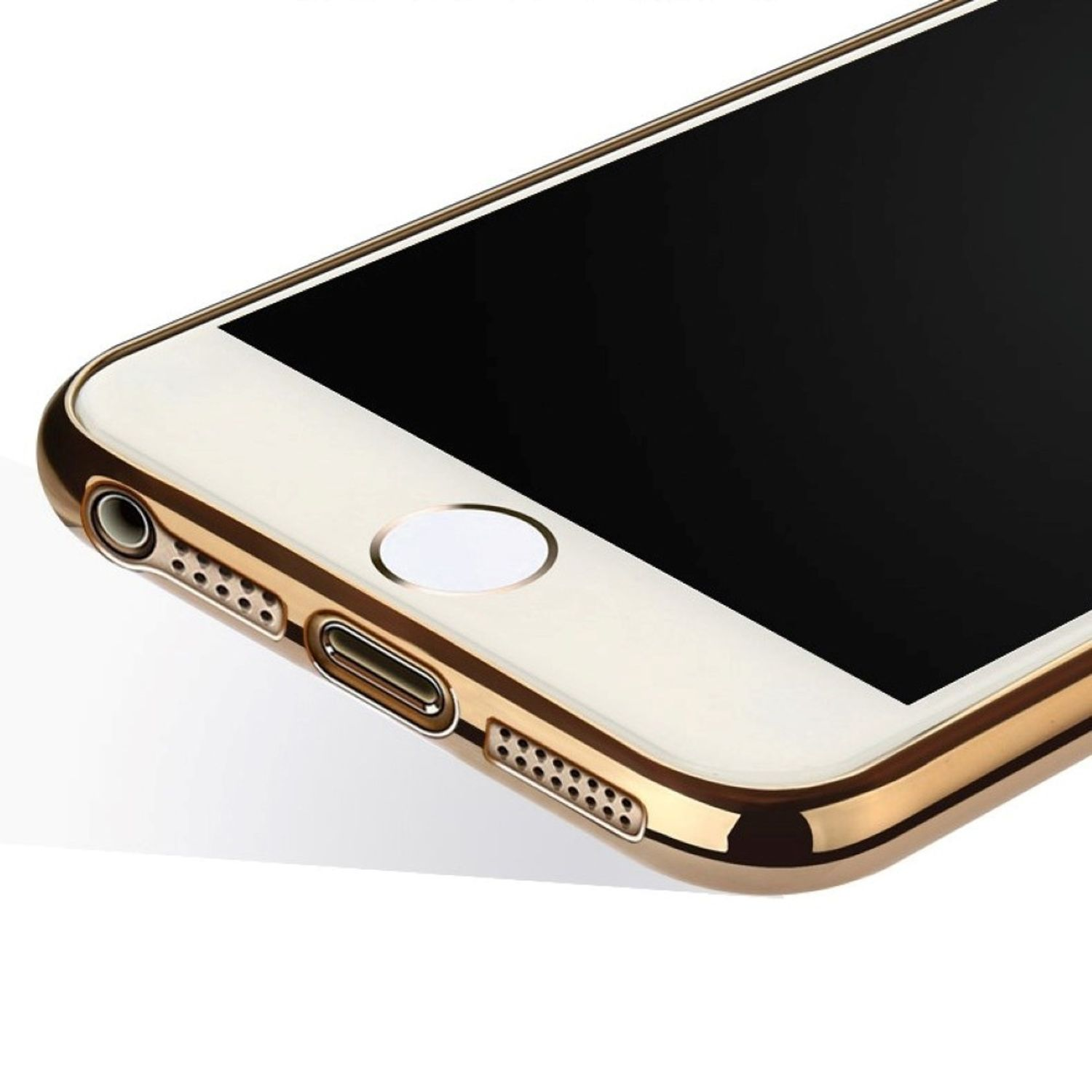 Nahaufnahme einer goldenen iPhone-Hülle. Es hat einen schwarzen Bildschirm und goldene Ränder mit Lautsprecher- und Anschlusslöchern.