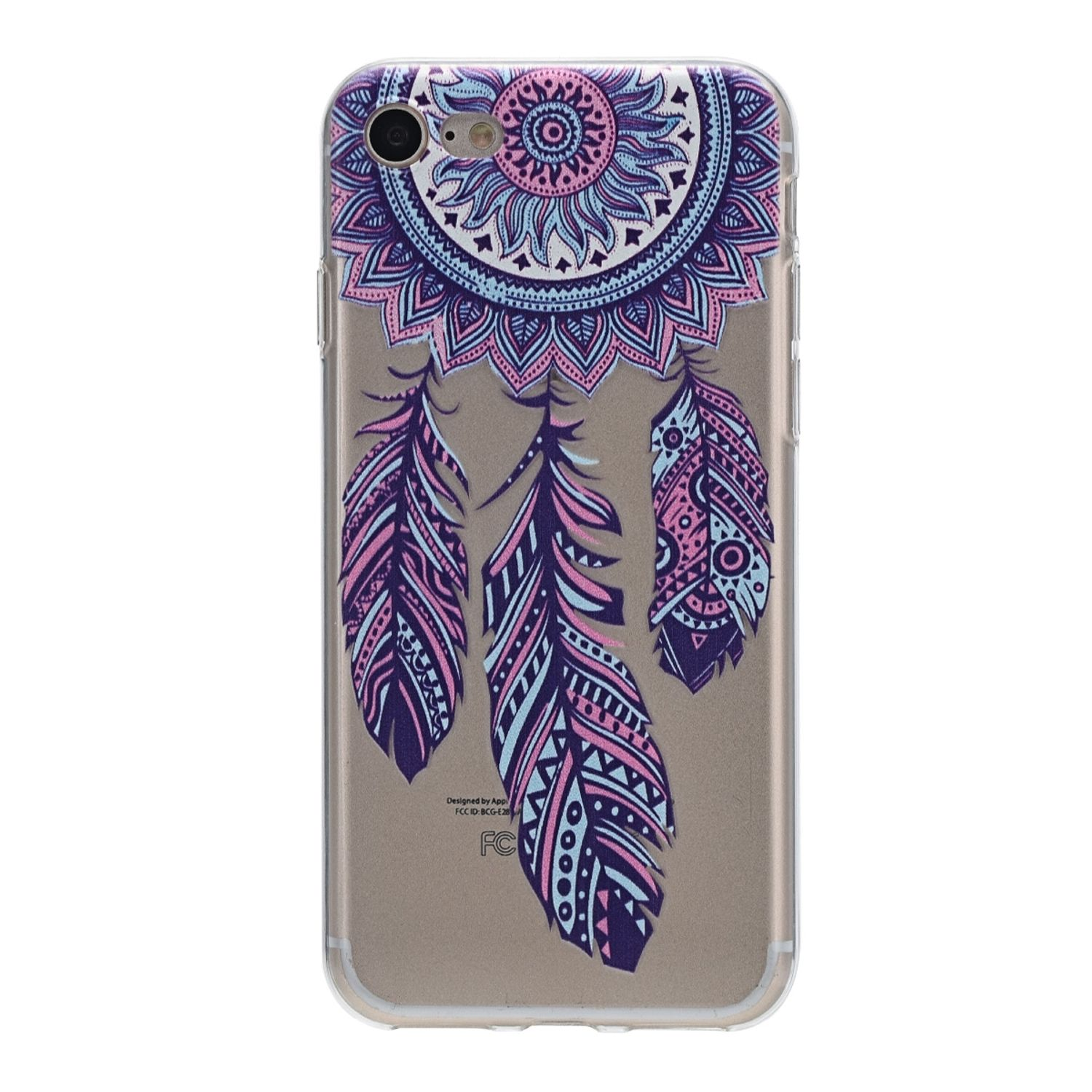 Eine transparente Handyhülle mit Mandala- und Federdesign.