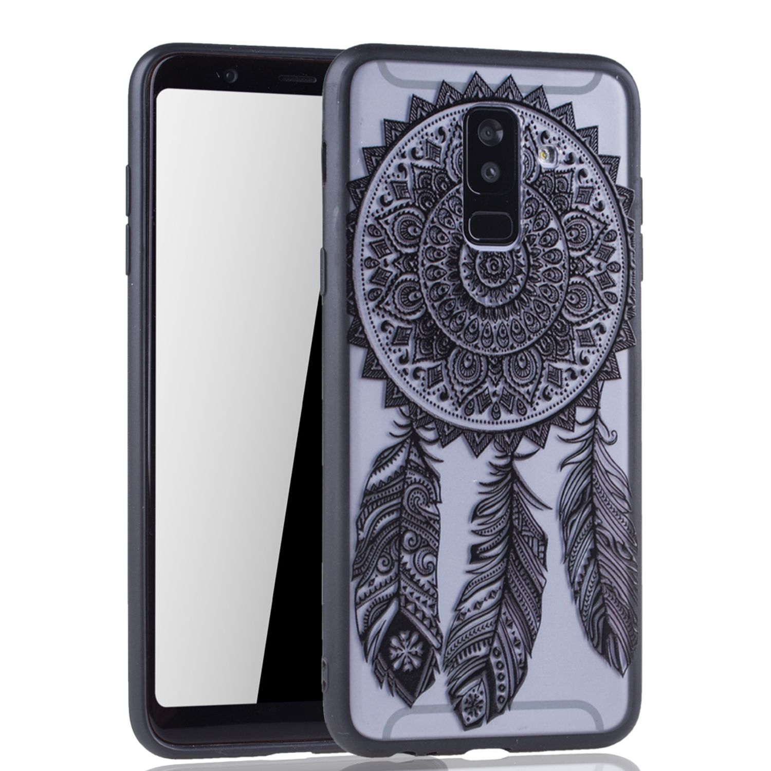 Schwarzes Telefon mit Traumfängerhülle.