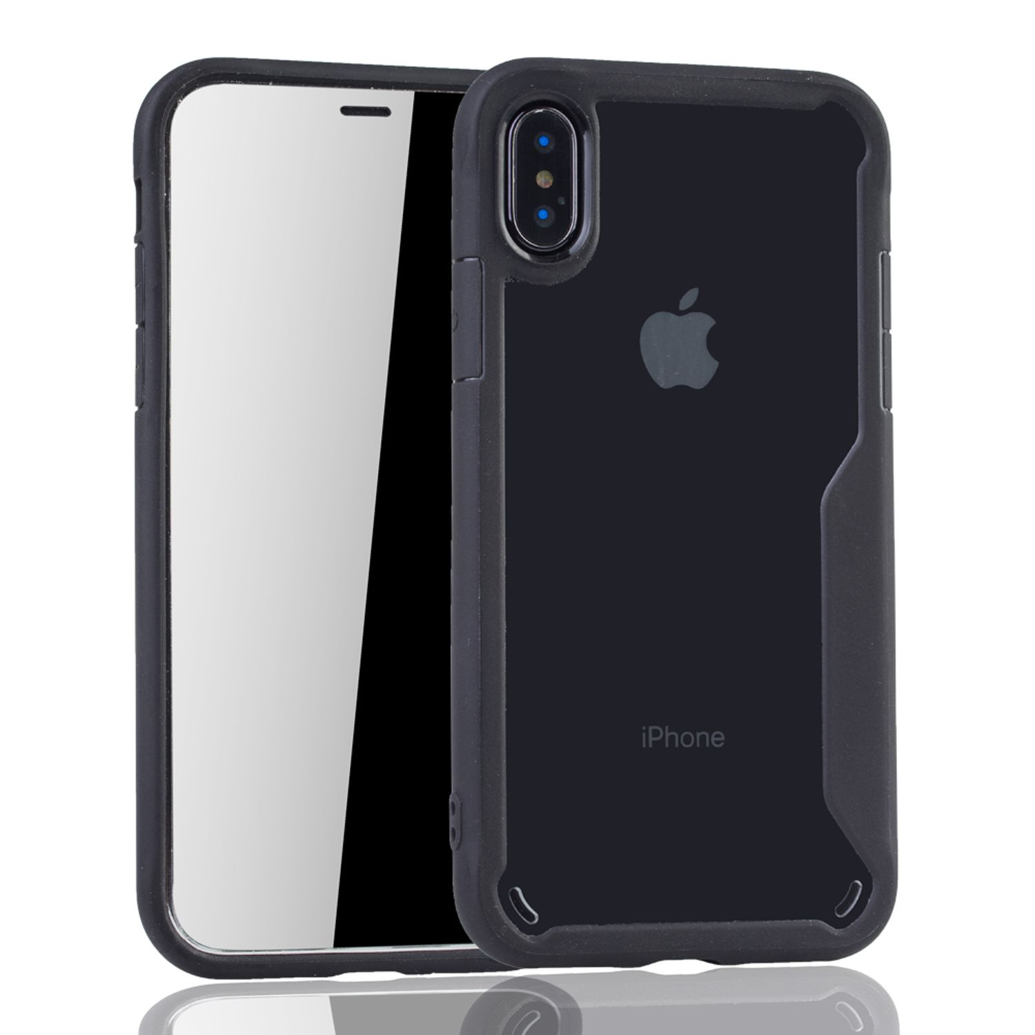 iPhone X Hülle. Schwarz mit klarer Rückseite. Schutzkanten. Weißer Hintergrund.