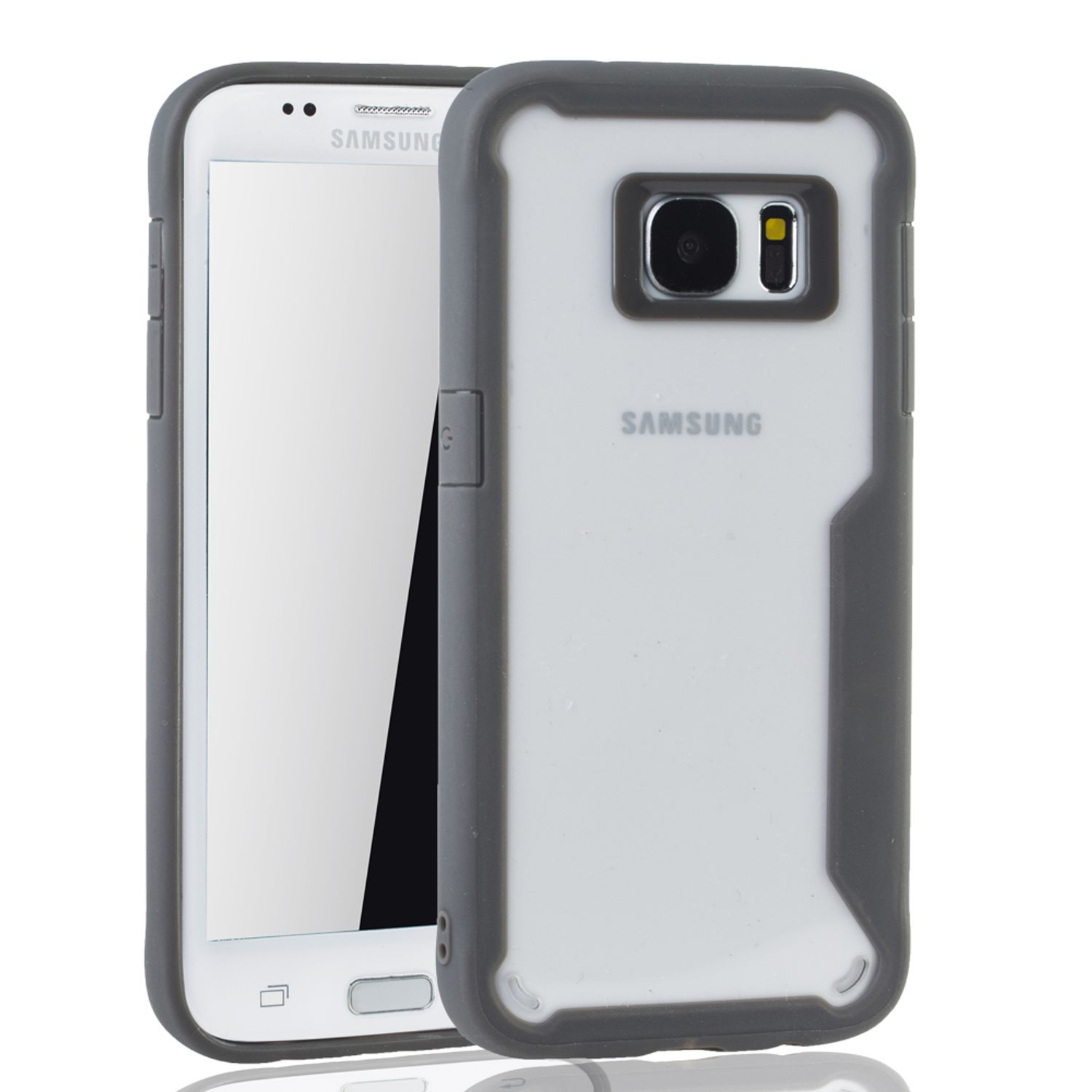 Ein Samsung-Telefon in einer grauen und transparenten Schutzhülle, vor weißem Hintergrund.
