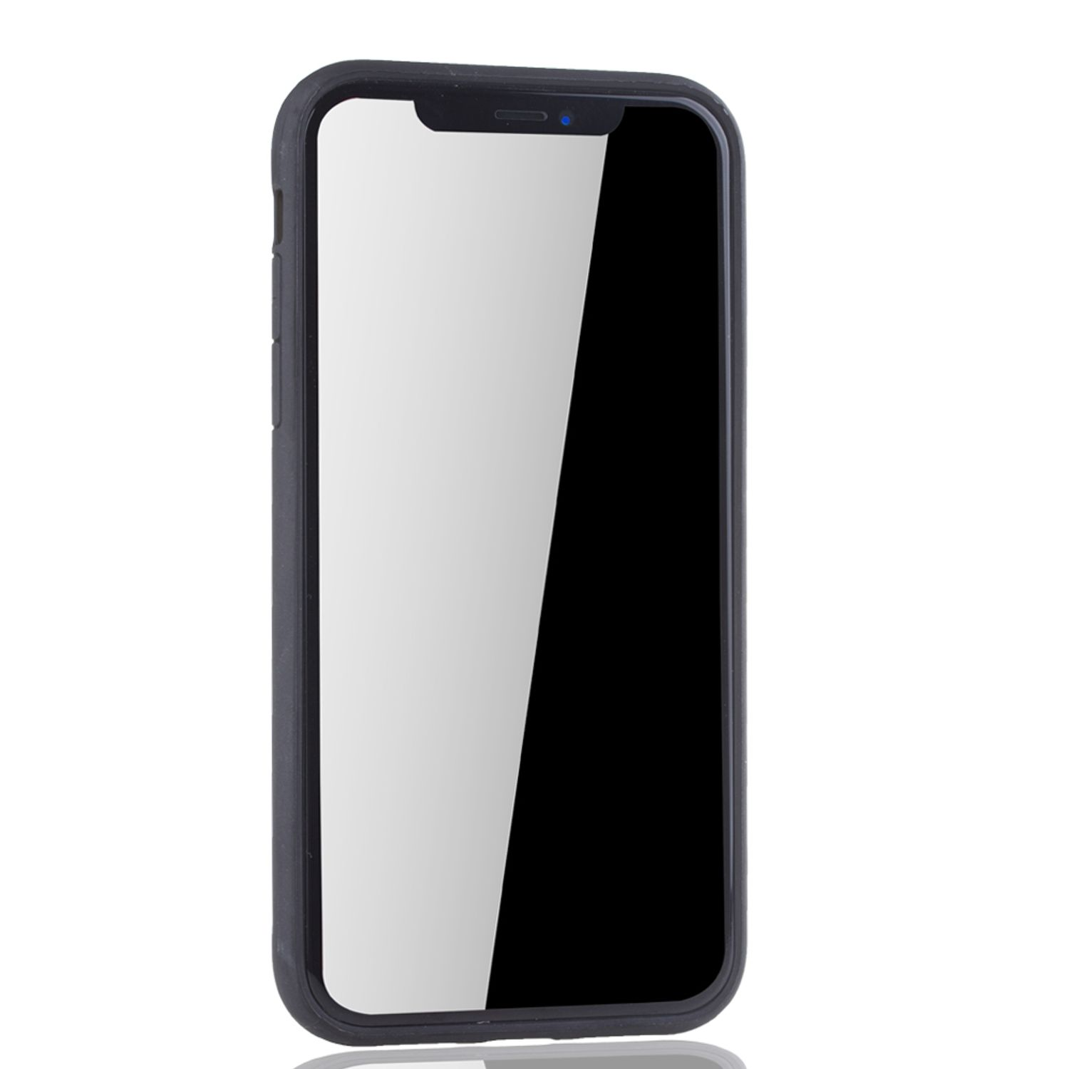 Schwarzes Smartphone mit großem, leerem Bildschirm. Der Bildschirm ist an.