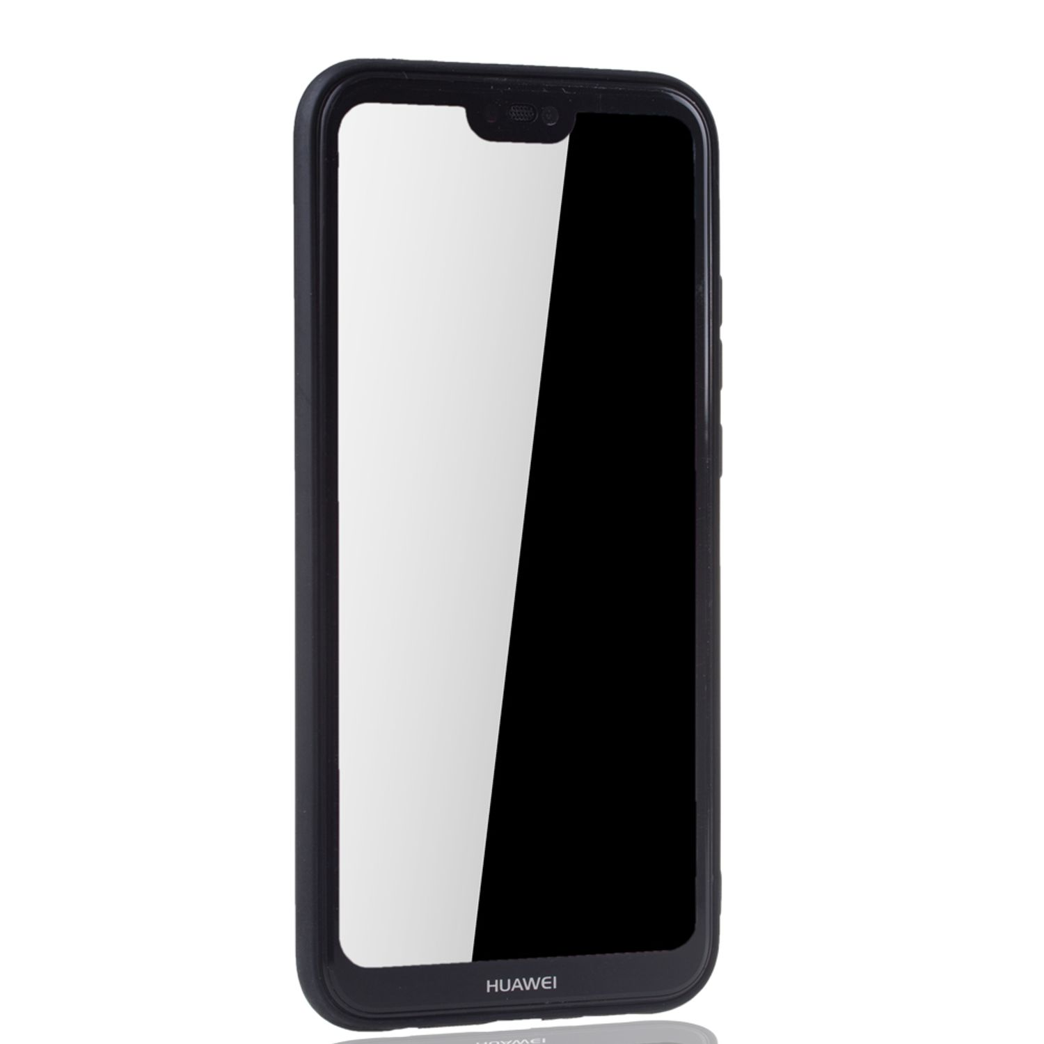 Schwarzes Telefon in Hülle. Weißer Bildschirm, Huawei-Logo unten.