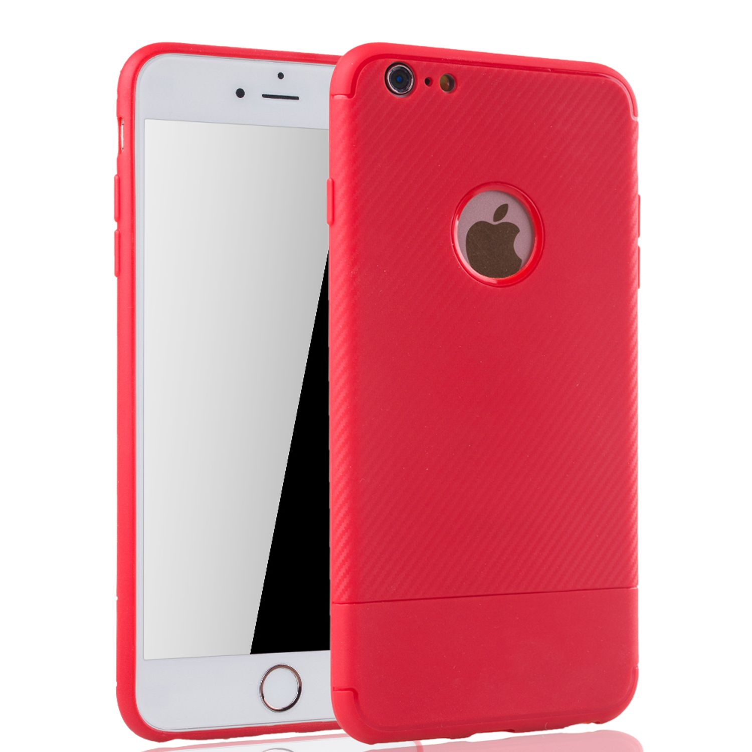 Rote iPhone-Hülle mit einem Telefon darin, das einen weißen Bildschirm zeigt, auf einer weißen Oberfläche.