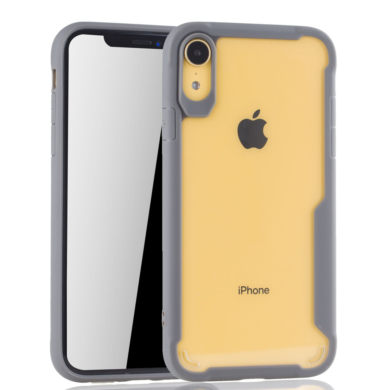 Ein iPhone mit gelber Rückseite in einem grauen Gehäuse. Das Apple-Logo ist auf der Rückseite sichtbar.