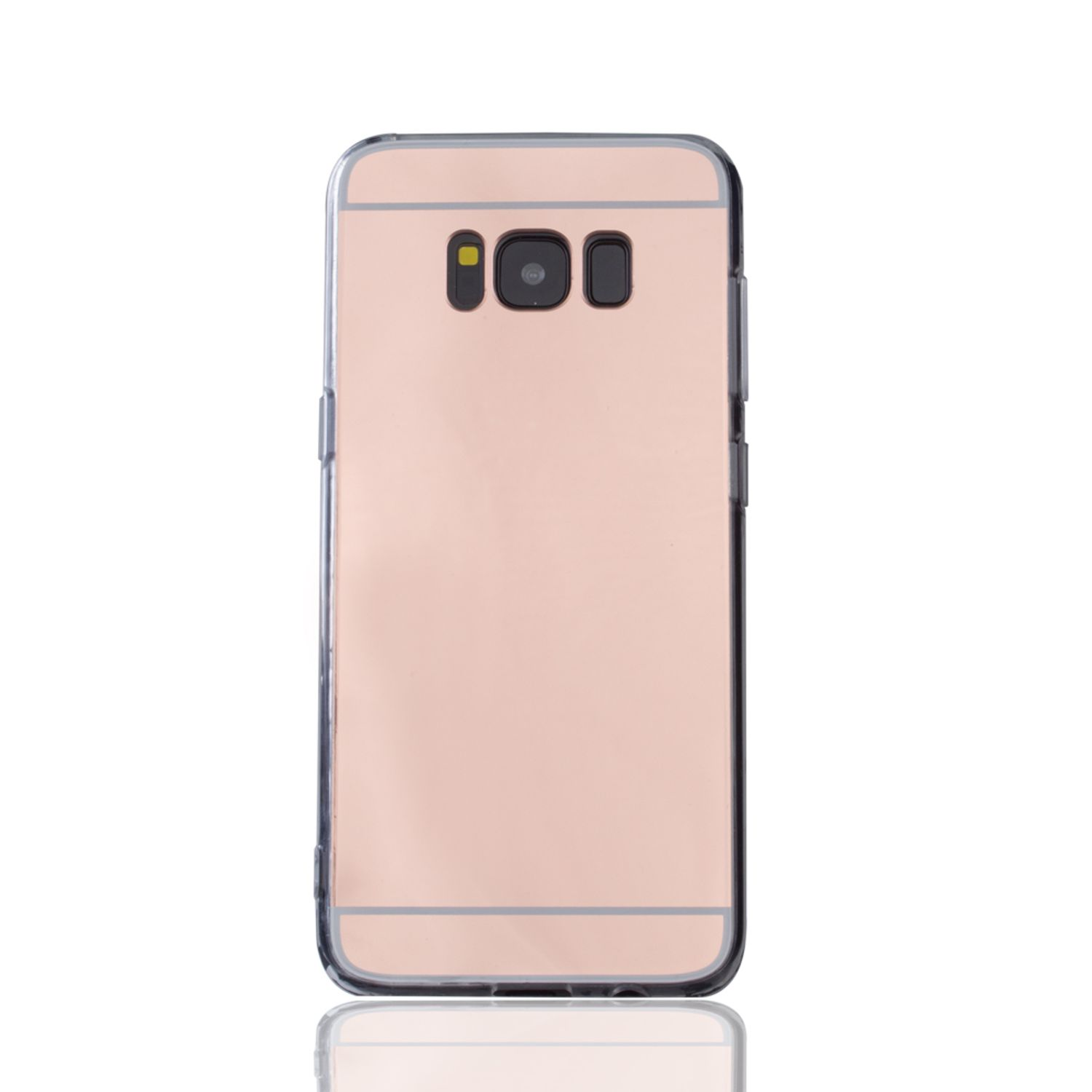Eine Handyhülle mit spiegelnder rosa Rückseite und Smartphone, vor weißem Hintergrund.