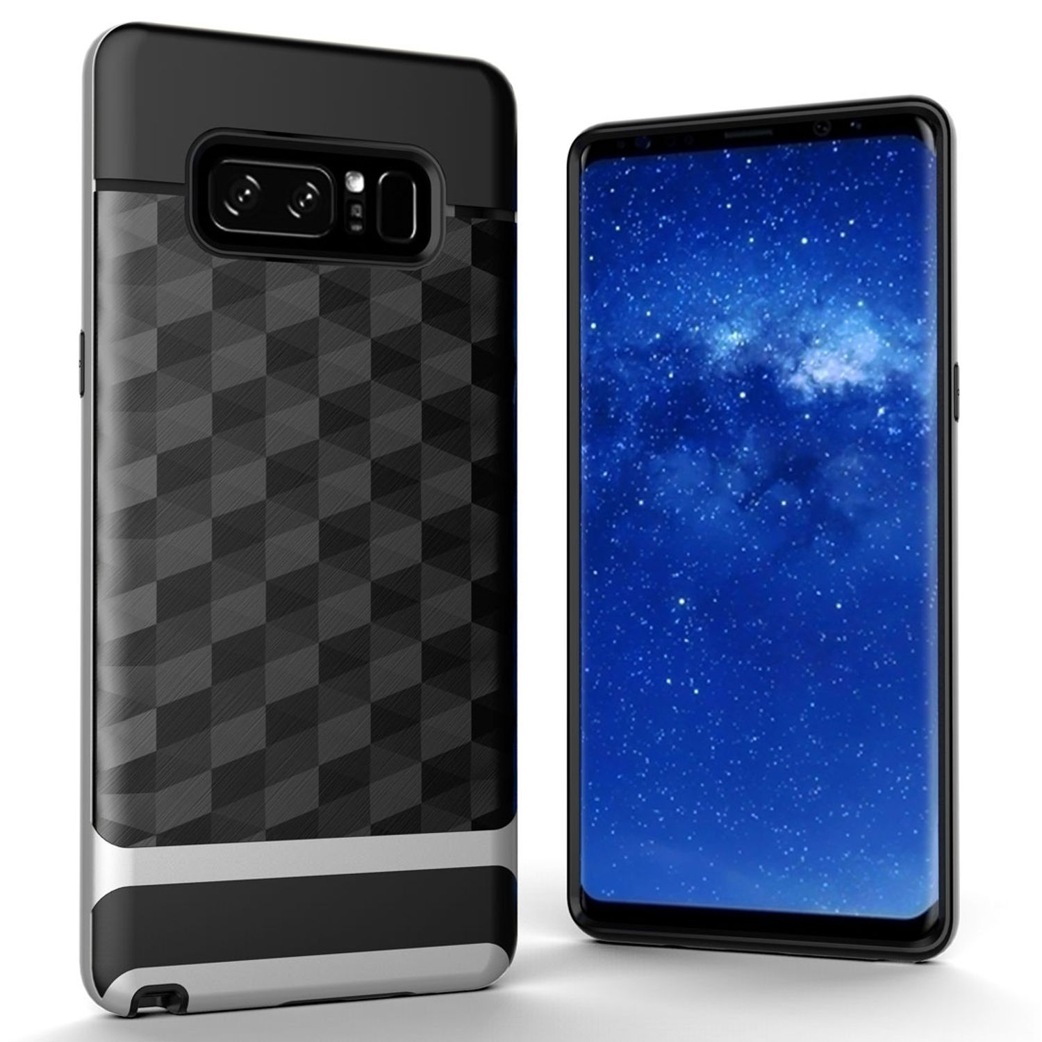 Eine schwarz-silberne Handyhülle neben einem Telefon mit blauem Galaxie-Hintergrund.