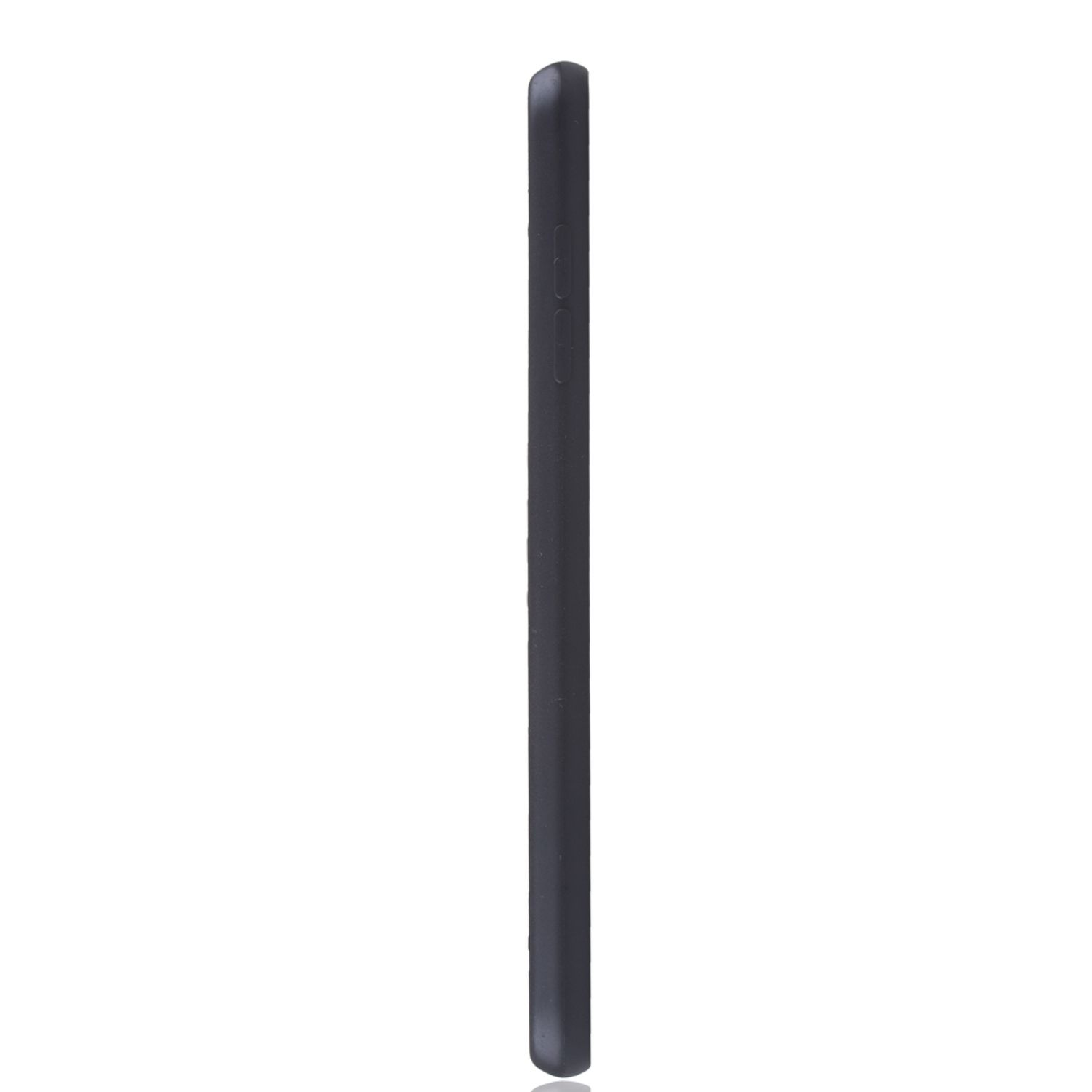 Seitenansicht eines schwarzen Smartphones. Die Seite zeigt die Tasten, der Bildschirm ist nicht sichtbar.
