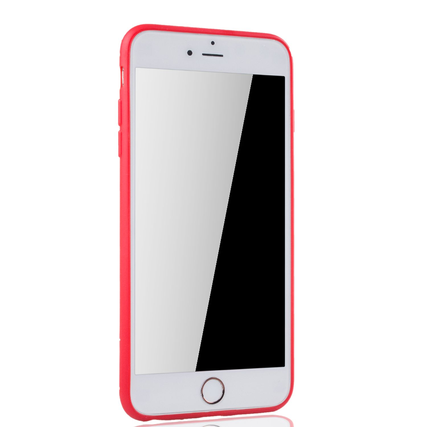 Weißes Telefon mit roter Hülle, zeigt einen leeren Bildschirm, vor weißem, reflektierendem Untergrund.