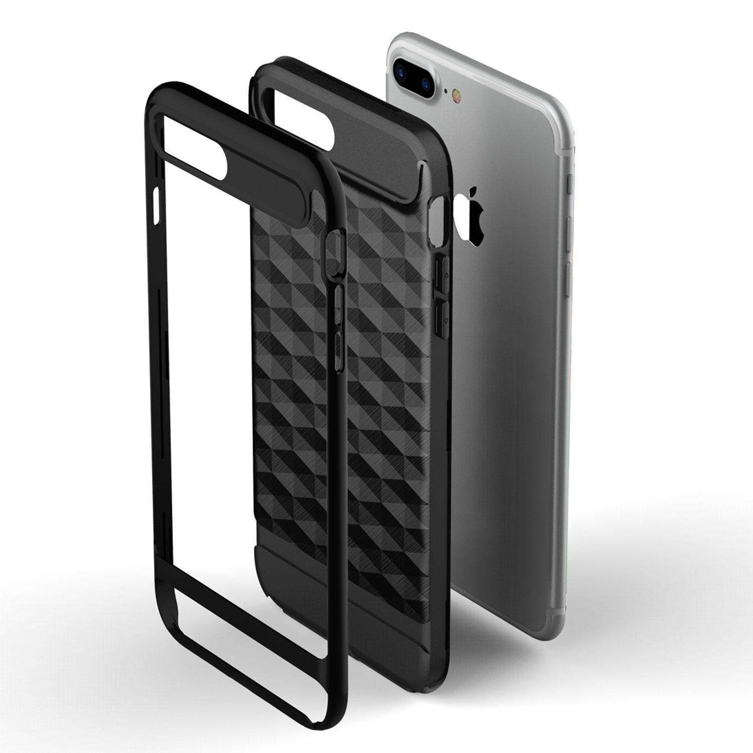 Ein Telefon und zwei schwarze Handyhüllen. Einer ist offen, einer ist geschlossen.