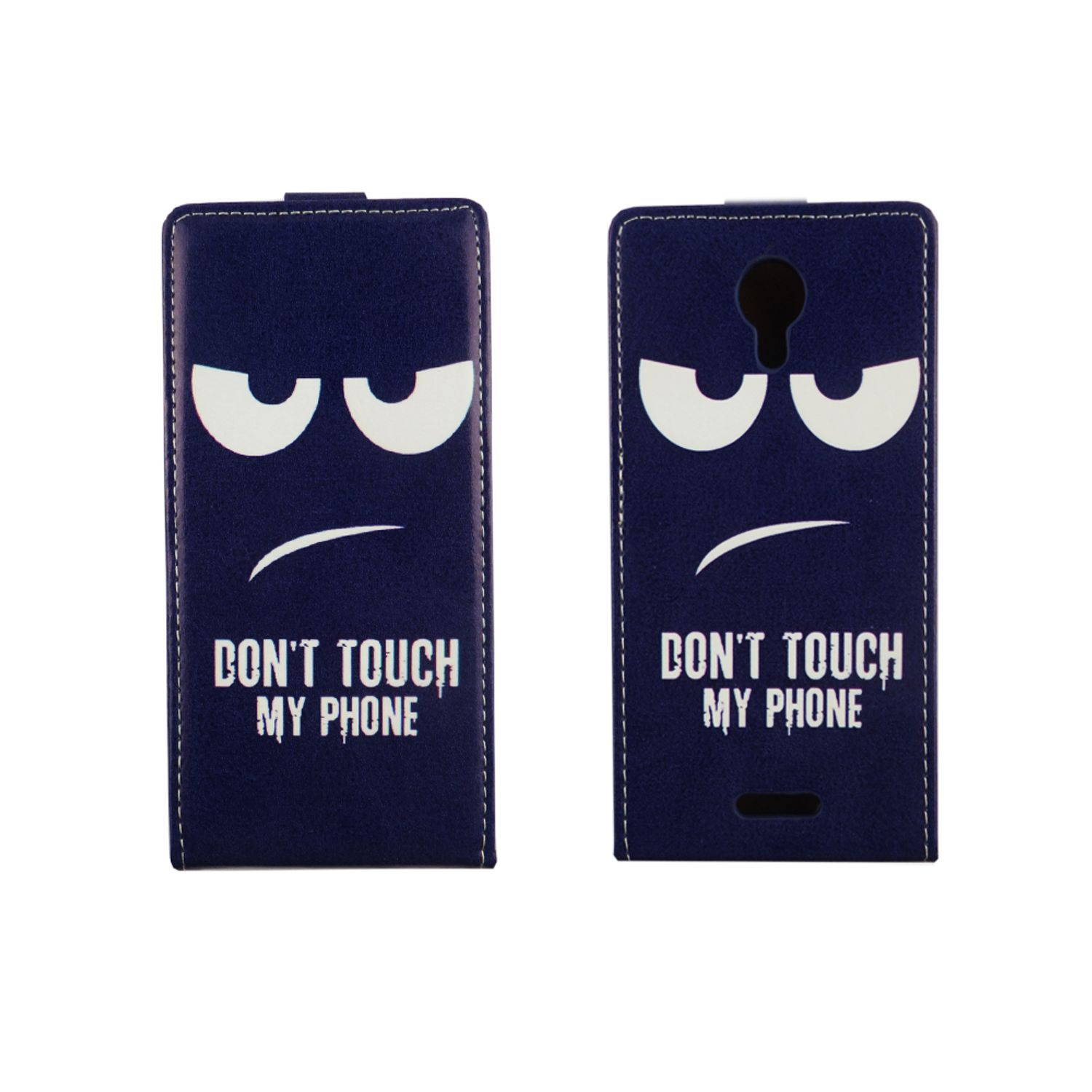 Zwei blaue Handyhüllen mit Gesichts-Grafik und Text: DON'T TOUCH MY PHONE.