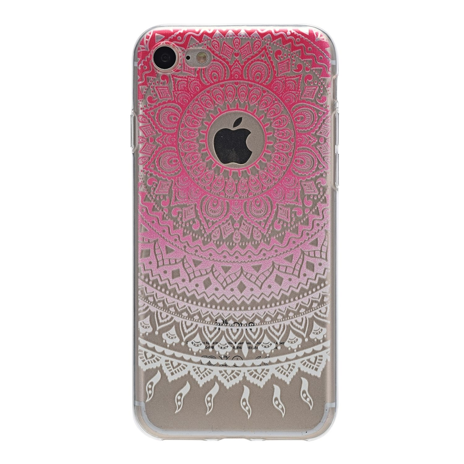 Eine Handyhülle mit einem rosa-grauen Mandala-Design, mit einem Apple-Logo.