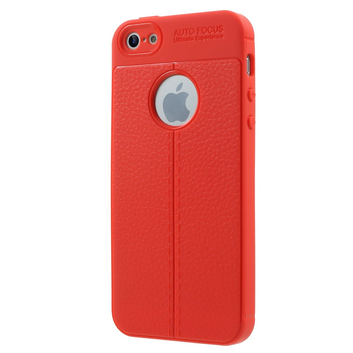 Rote iPhone-Hülle mit Lederstruktur. Sie hat das Apple-Logo und die Aufschrift Auto Focus.