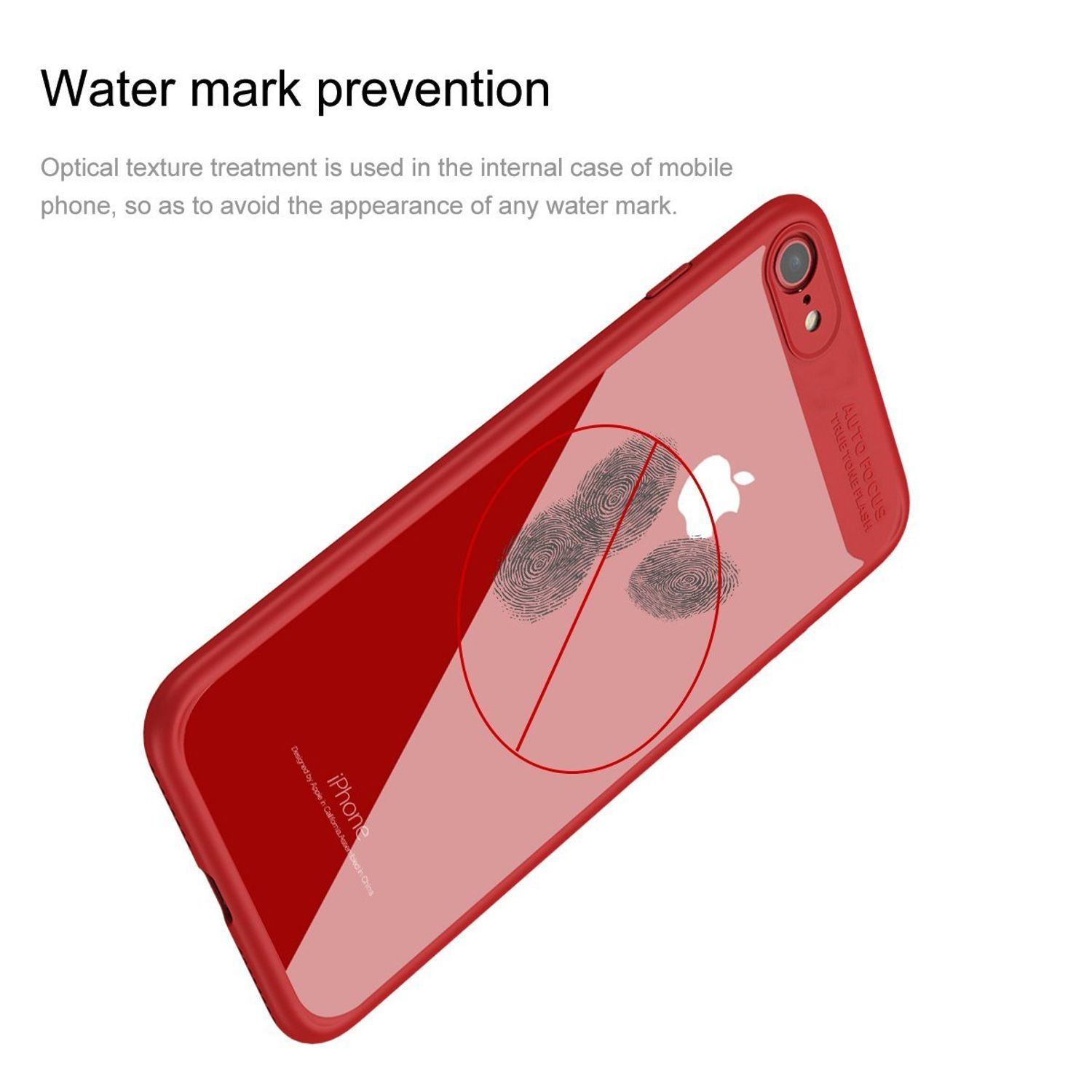 Eine rote Handyhülle mit Fingerabdrücken und weißem Apple-Logo.