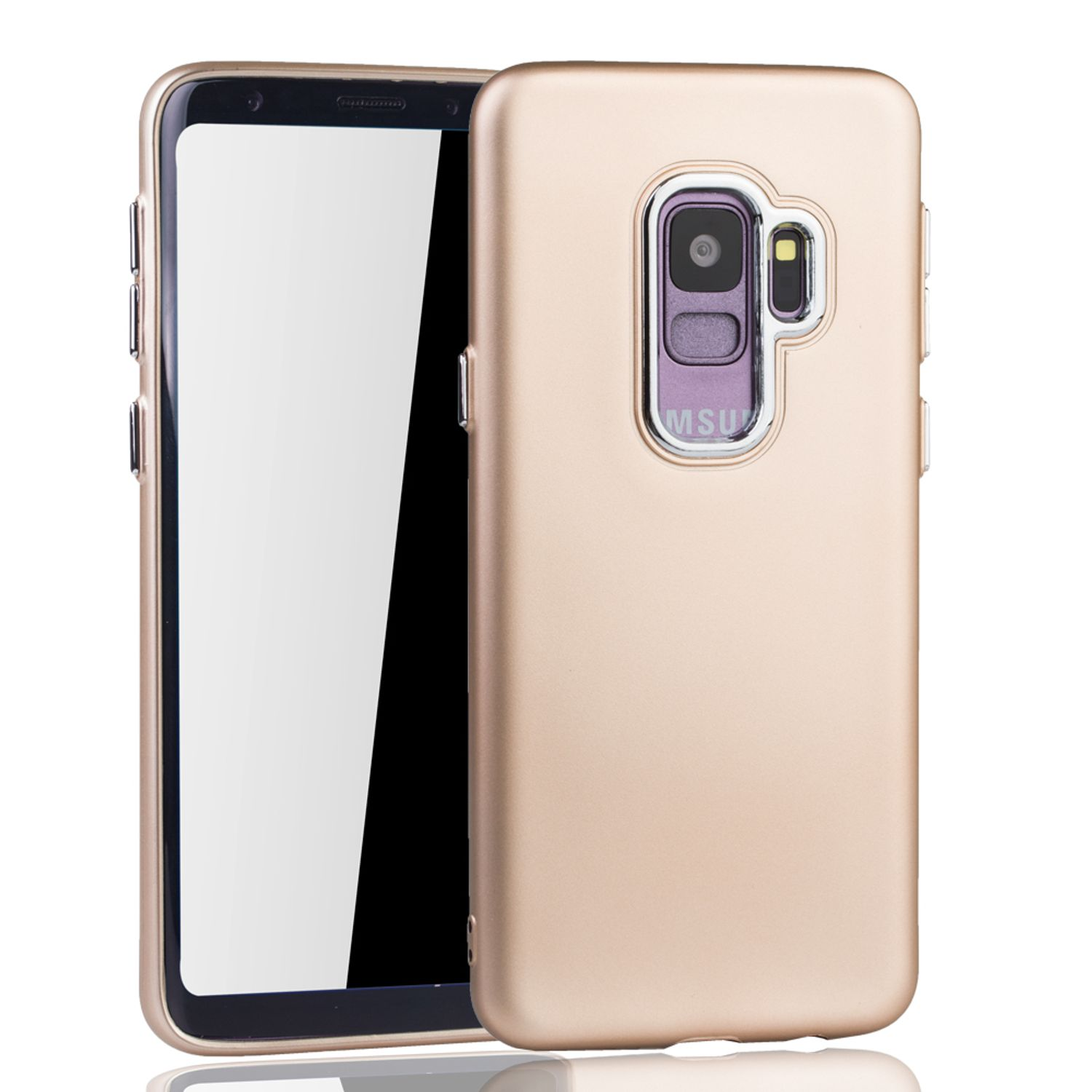Goldene Handyhülle auf einem Telefon. Die Kamera ist sichtbar. Weißer Hintergrund.