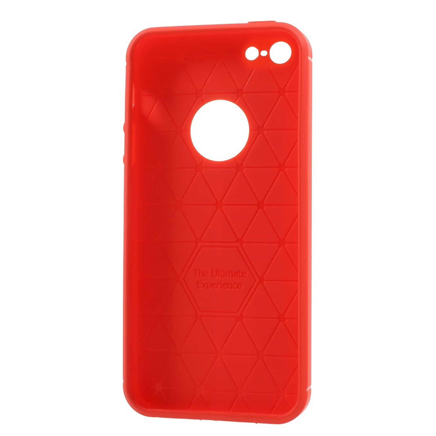 Rote Handyhülle mit geometrischem Muster und einem Kamerloch, weißer Hintergrund.