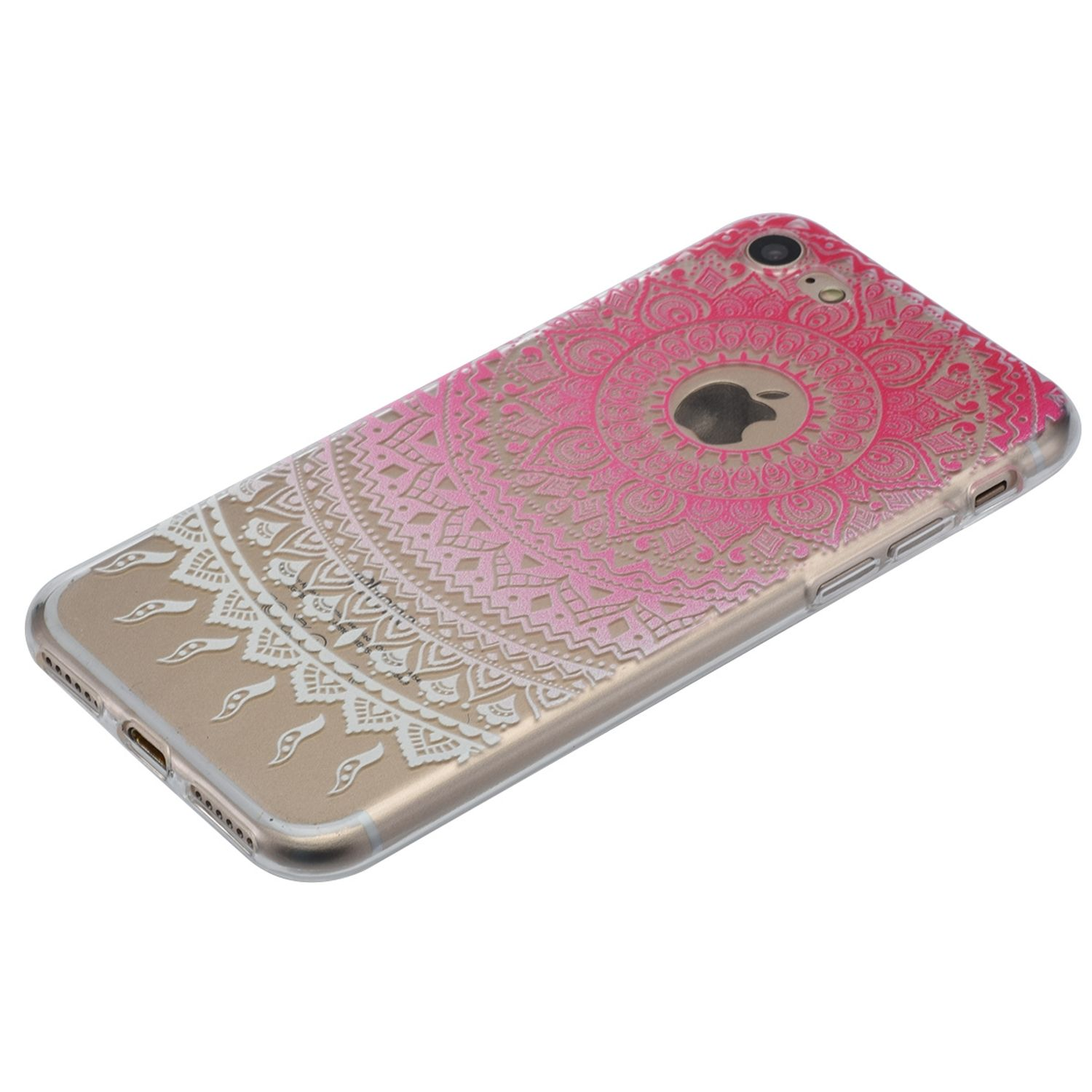 Handyhülle mit rosa Mandala-Design und Apple-Logo.