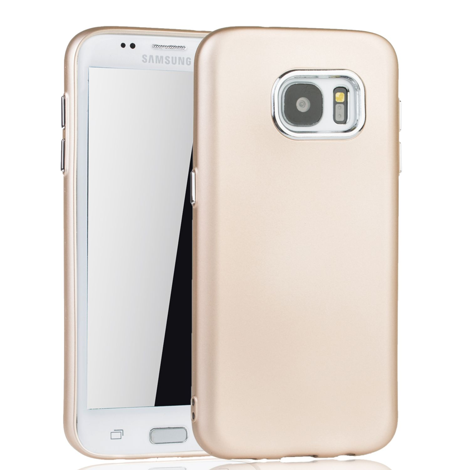 Ein goldenes Telefon mit weißem Bildschirm neben einer goldenen Handyhülle.
