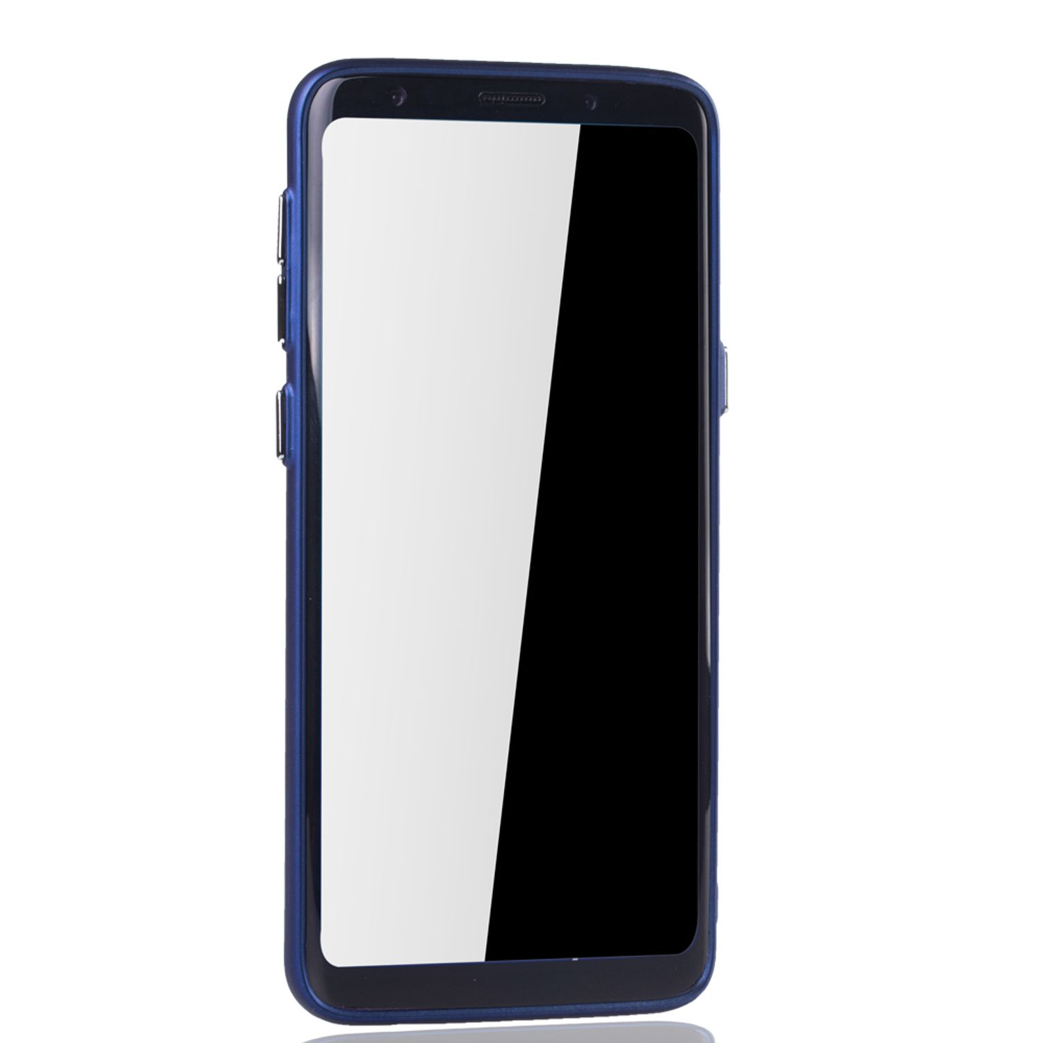 Smartphone mit blauem Gehäuse und leerem weißen Bildschirm, isoliert auf weißem Hintergrund.