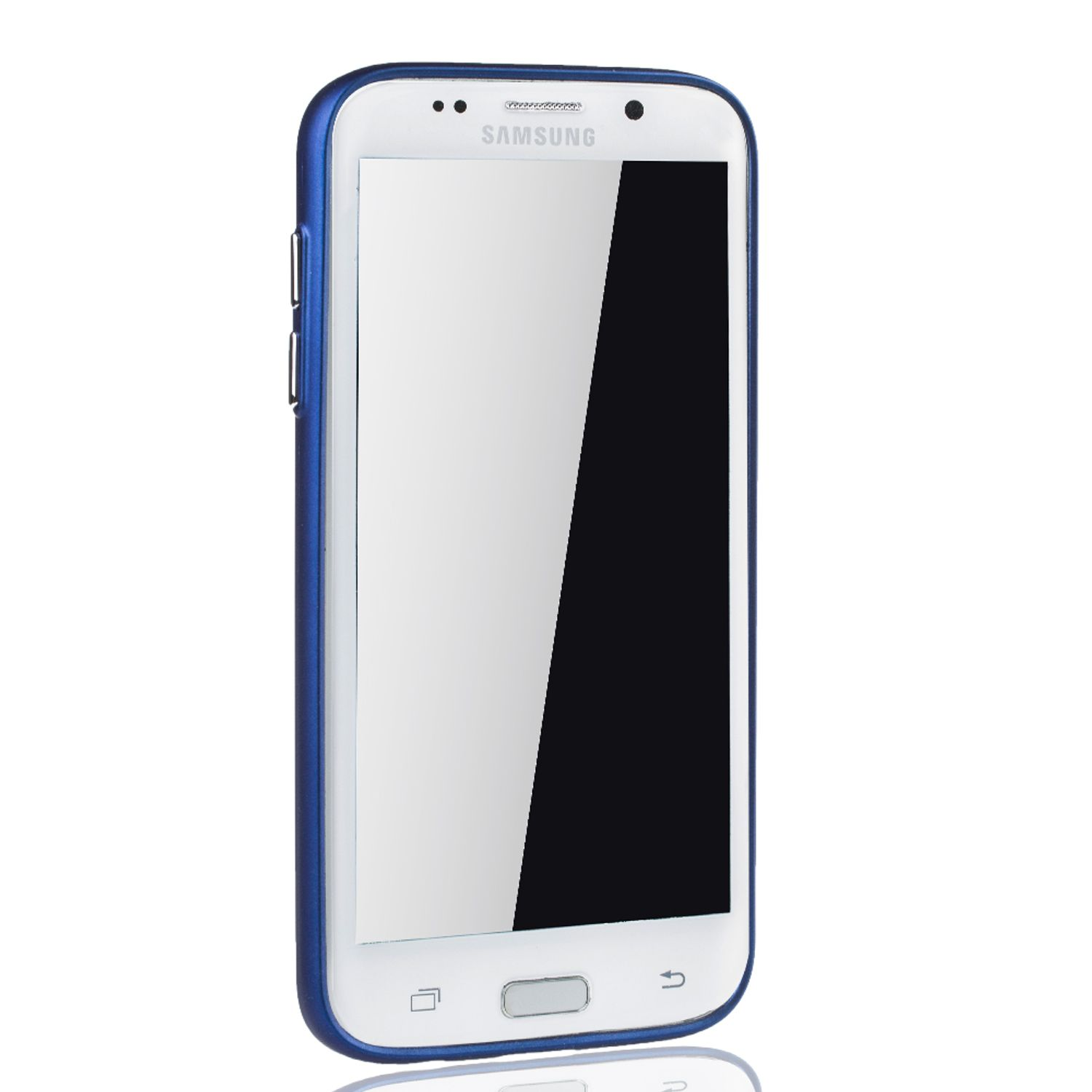 Ein weißes Samsung-Smartphone mit blauem Rahmen. Der Bildschirm ist leer. Das Telefon befindet sich auf weißem Hintergrund.