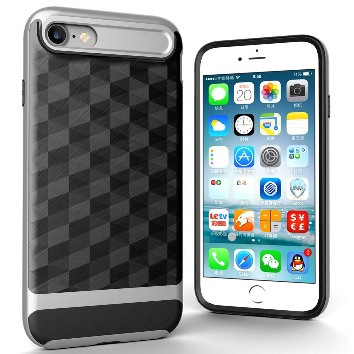 Smartphone rechts mit sichtbaren Apps, eine Handyhülle mit einem schwarz-grauen geometrischen Muster links.