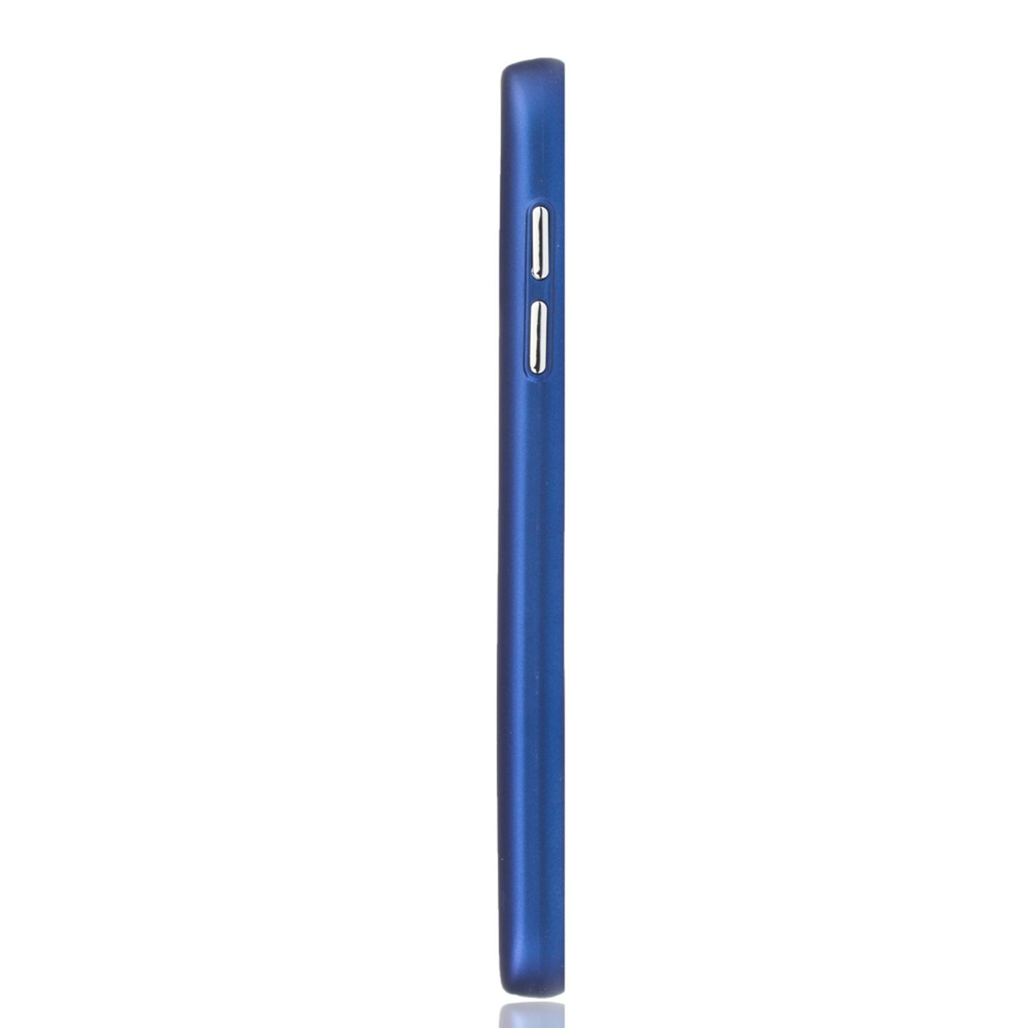 Blaue Handyhülle Seitenansicht. Knöpfe sichtbar, schlichter Hintergrund.