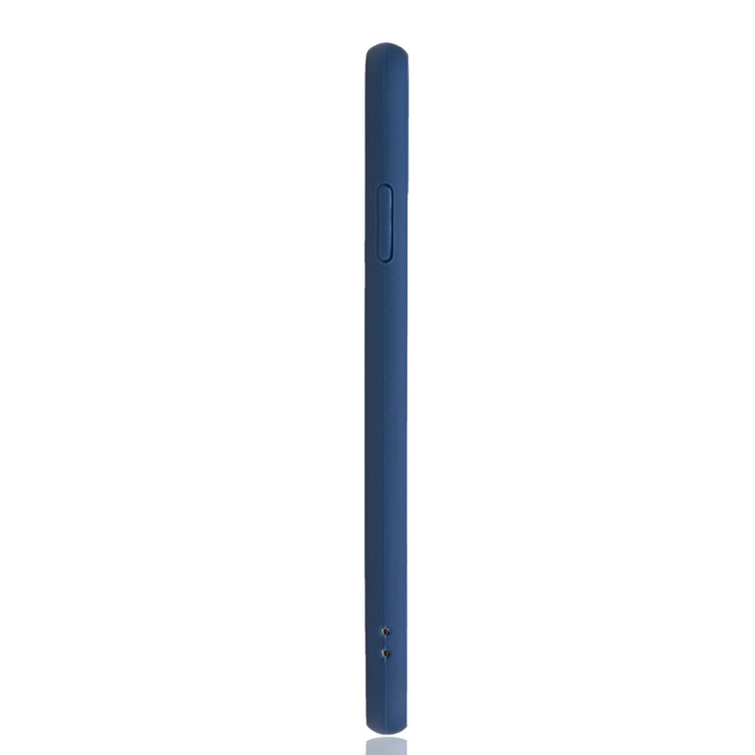Eine schlanke, blaue Handyhülle von der Seite. Sie zeigt die Lautstärke- und Ein-/Aus-Tasten und die unteren Anschlüsse.