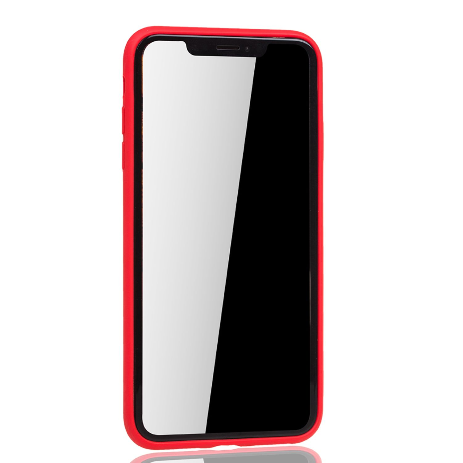 Rot umrandetes Telefon mit schwarzem Bildschirm, weißer Hintergrund.