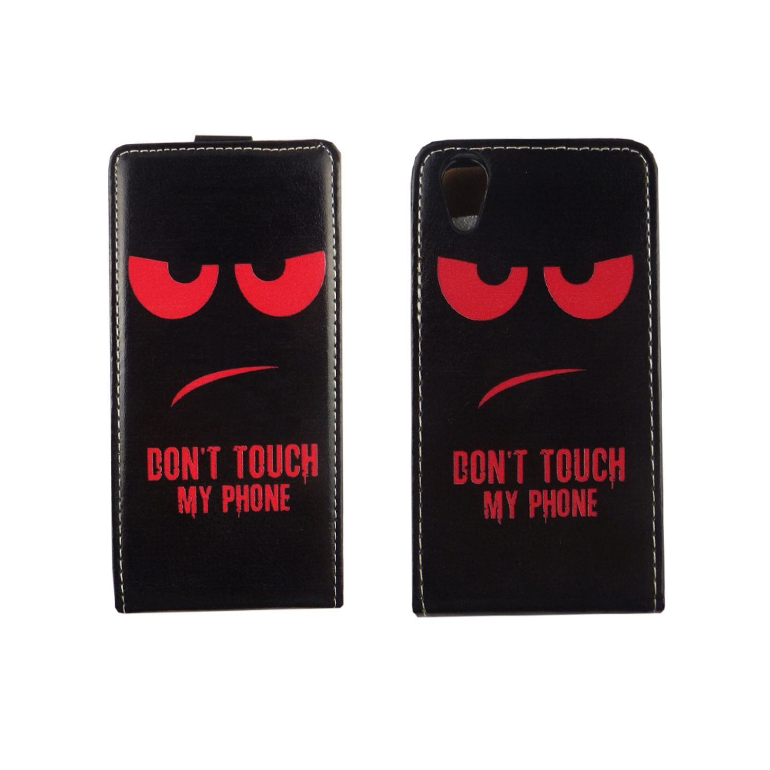 Zwei schwarze Handyhüllen mit rotem wütenden Gesicht und dem Text „DON'T TOUCH MY PHONE“ auf weißem Hintergrund.