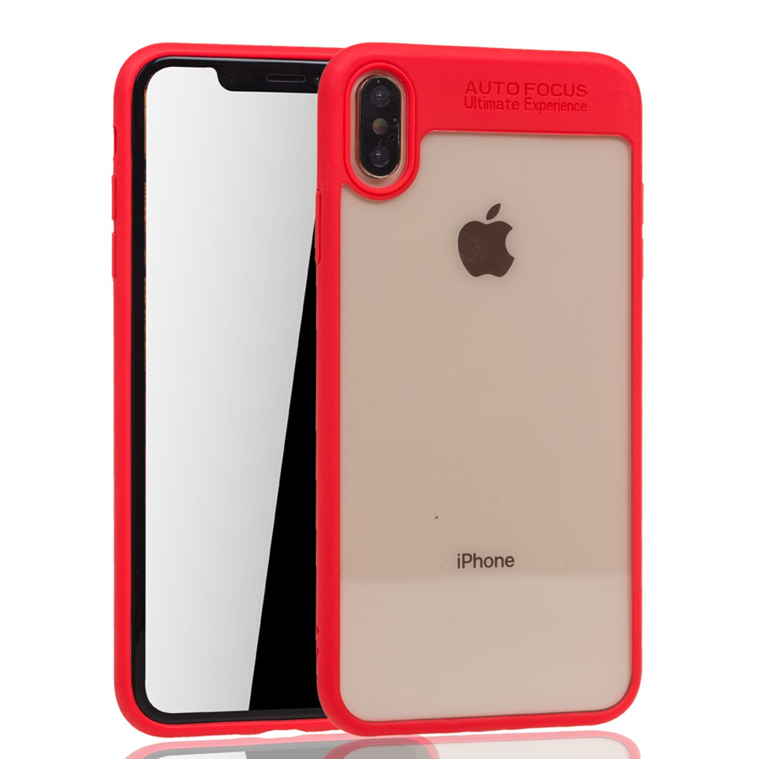 Telefon in rotem Gehäuse. Das Gehäuse hat einen Kameraausschnitt und das Apple-Logo. Weißer Hintergrund.