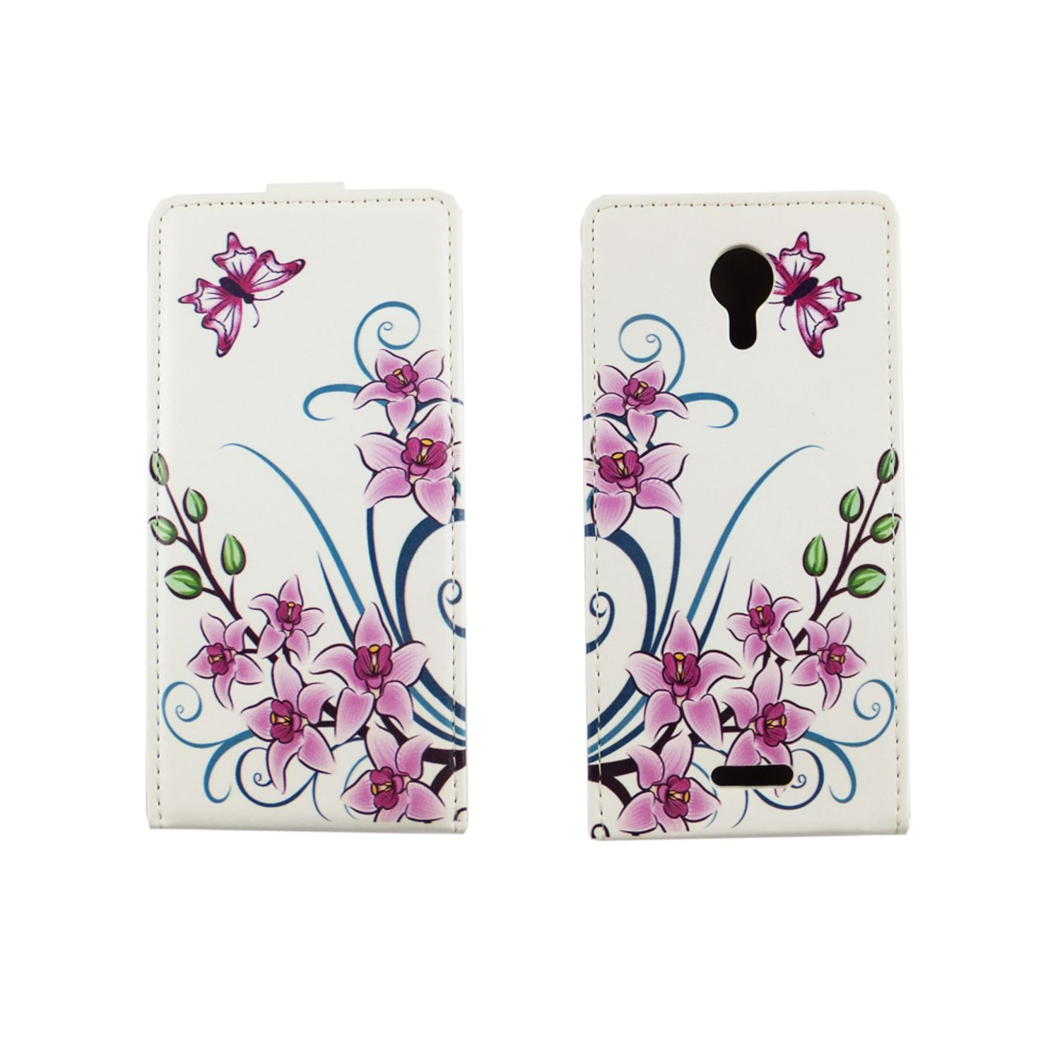 Weiße Handyhülle mit rosa Blumendesign und Schmetterlingen. Offene und geschlossene Ansichten der Hülle.