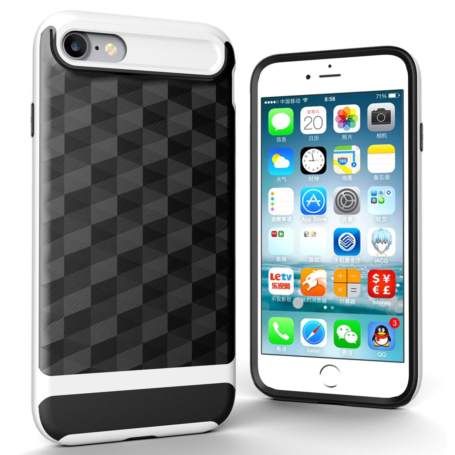 Telefon mit Hülle auf der Seite. Die Hülle hat ein schwarz-weißes Design.