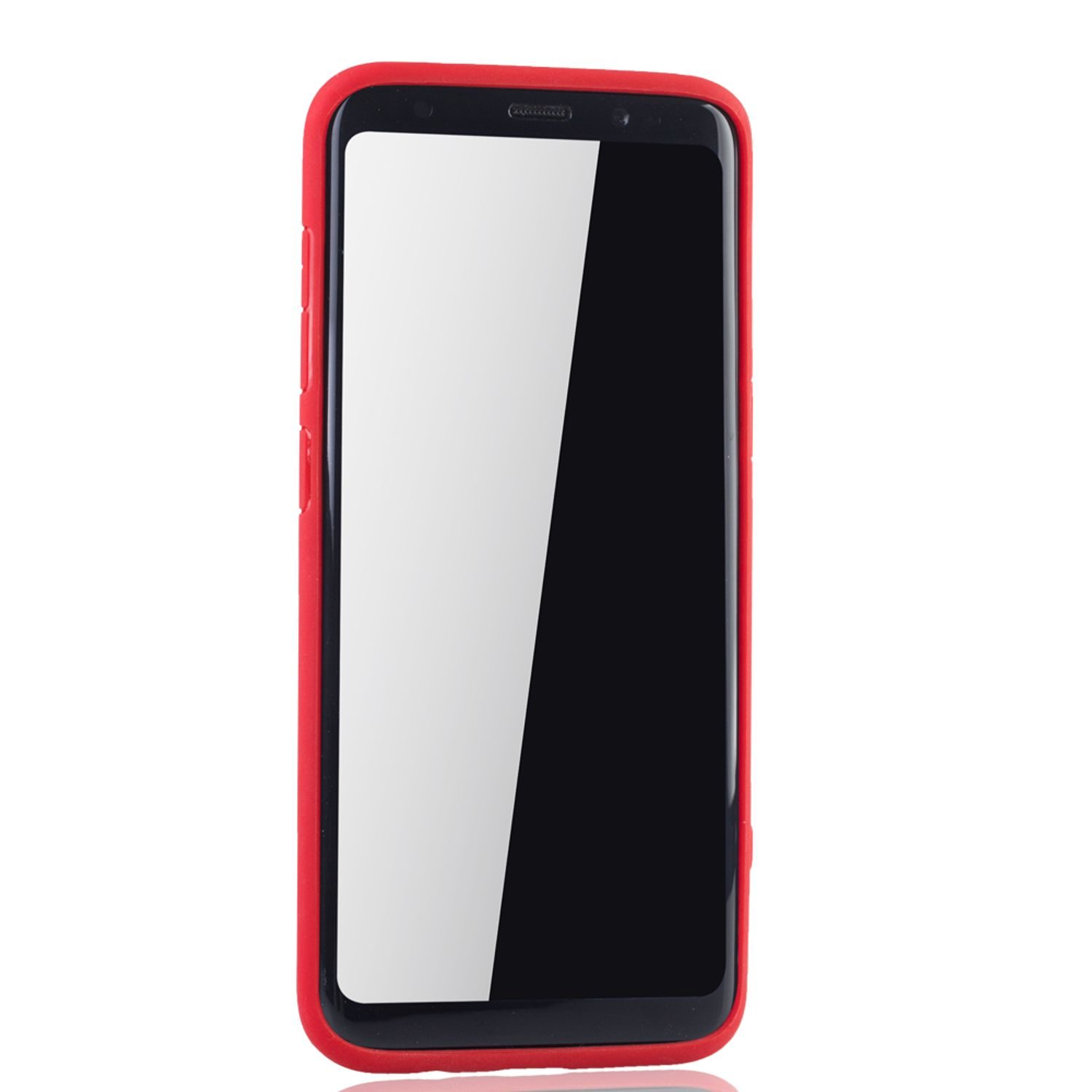 Eine rote Telefonhülle auf einem schwarzen Smartphone, auf weißem Hintergrund.