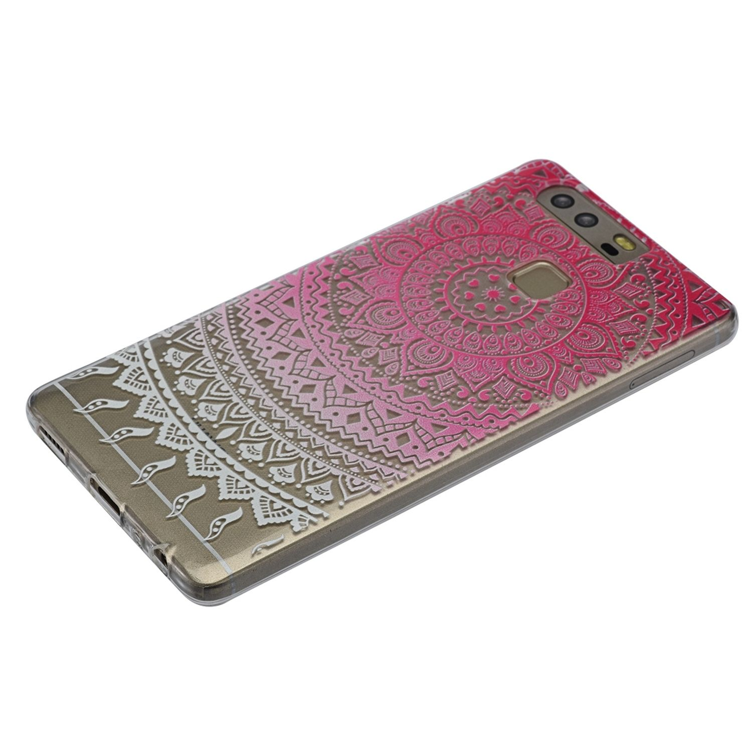 Handyhülle mit rosa und weißem Mandala-Design, zeigt die Rückseite des Telefons.
