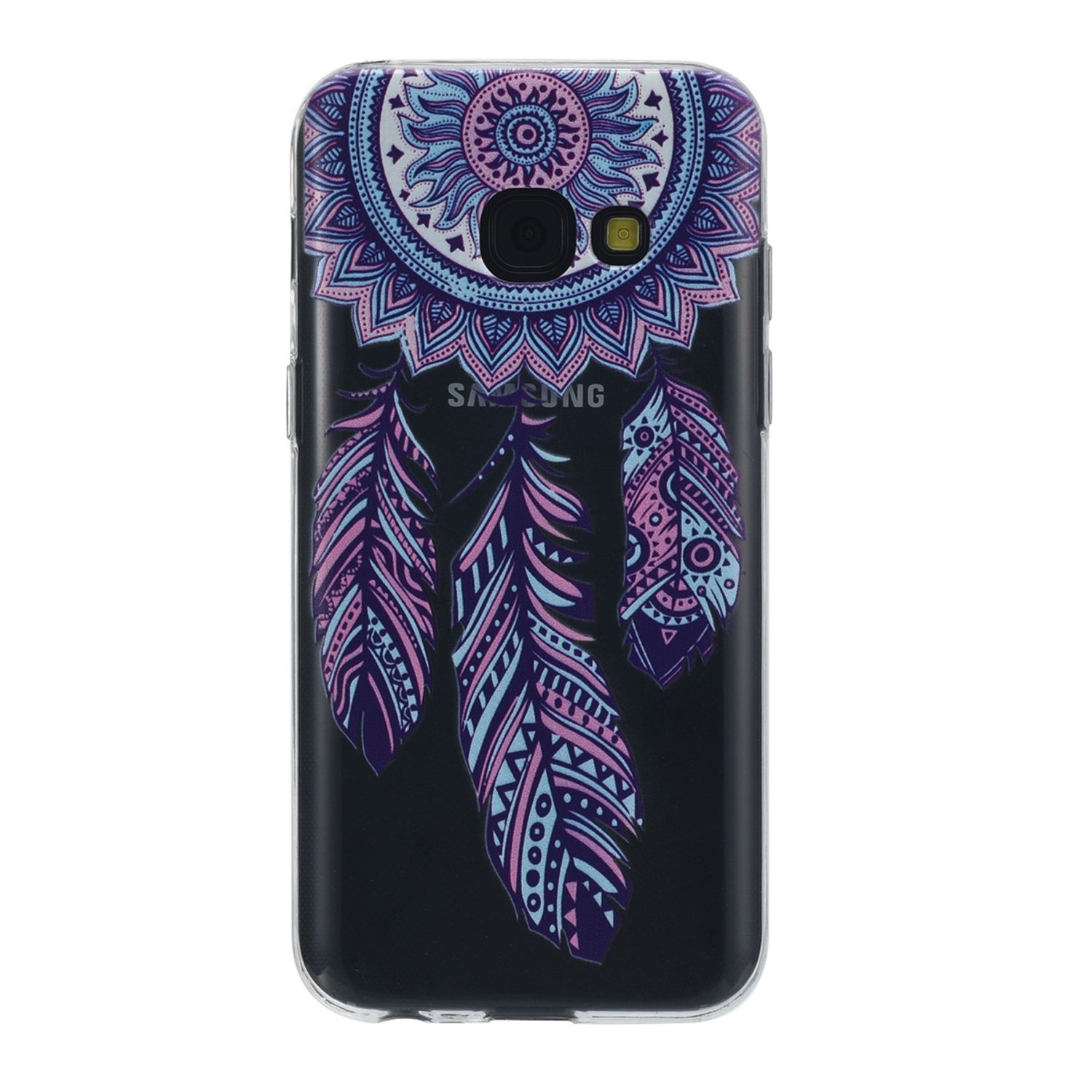 Schwarze Handyhülle mit Mandala-Design. Mit Federn in Lila, Pink und Blau auf schwarzem Hintergrund.