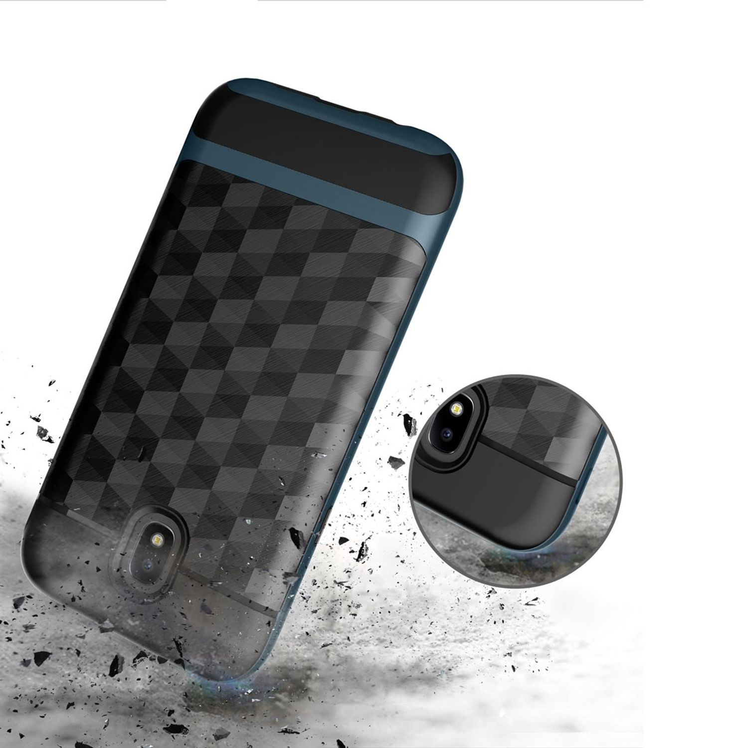 Eine blau-schwarze Handyhülle mit geometrischem Muster, mit einem Telefon.