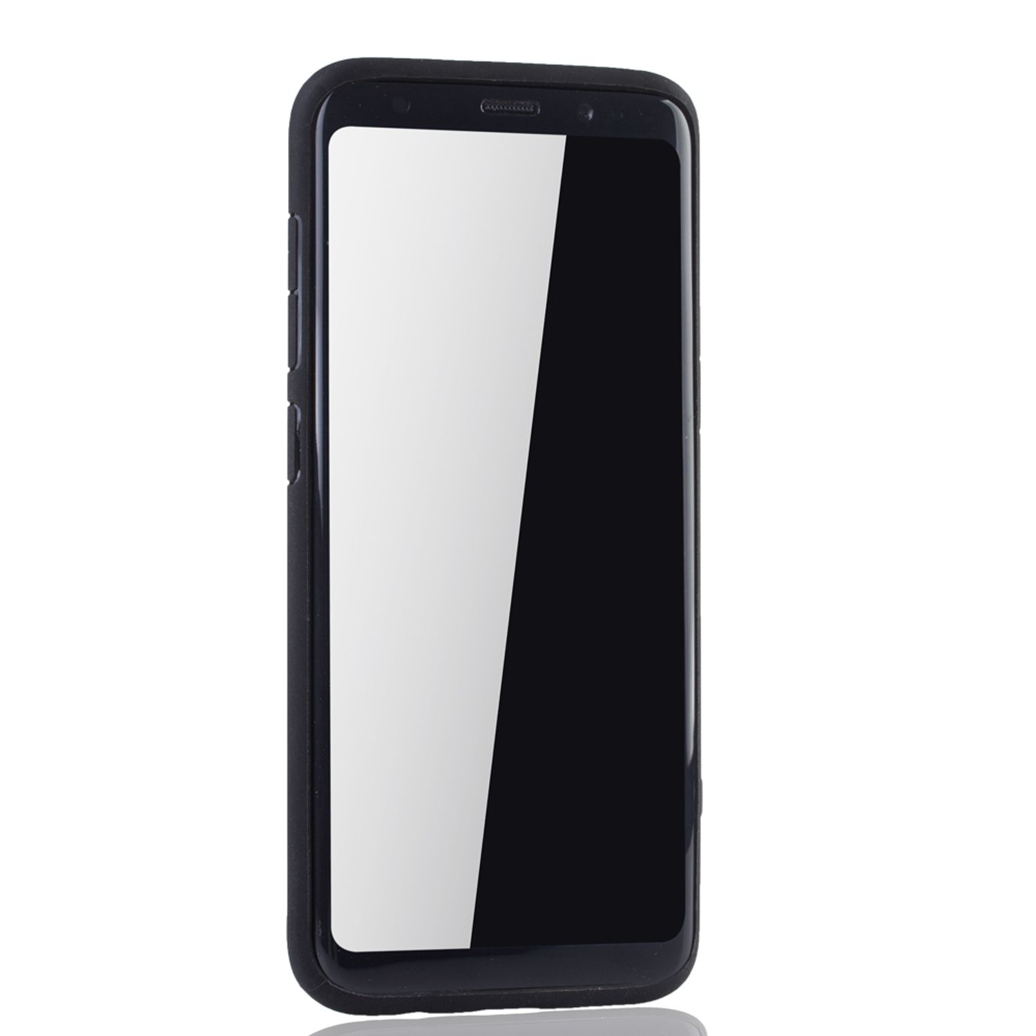 Schwarze Smartphone-Hülle mit weißem Bildschirm.