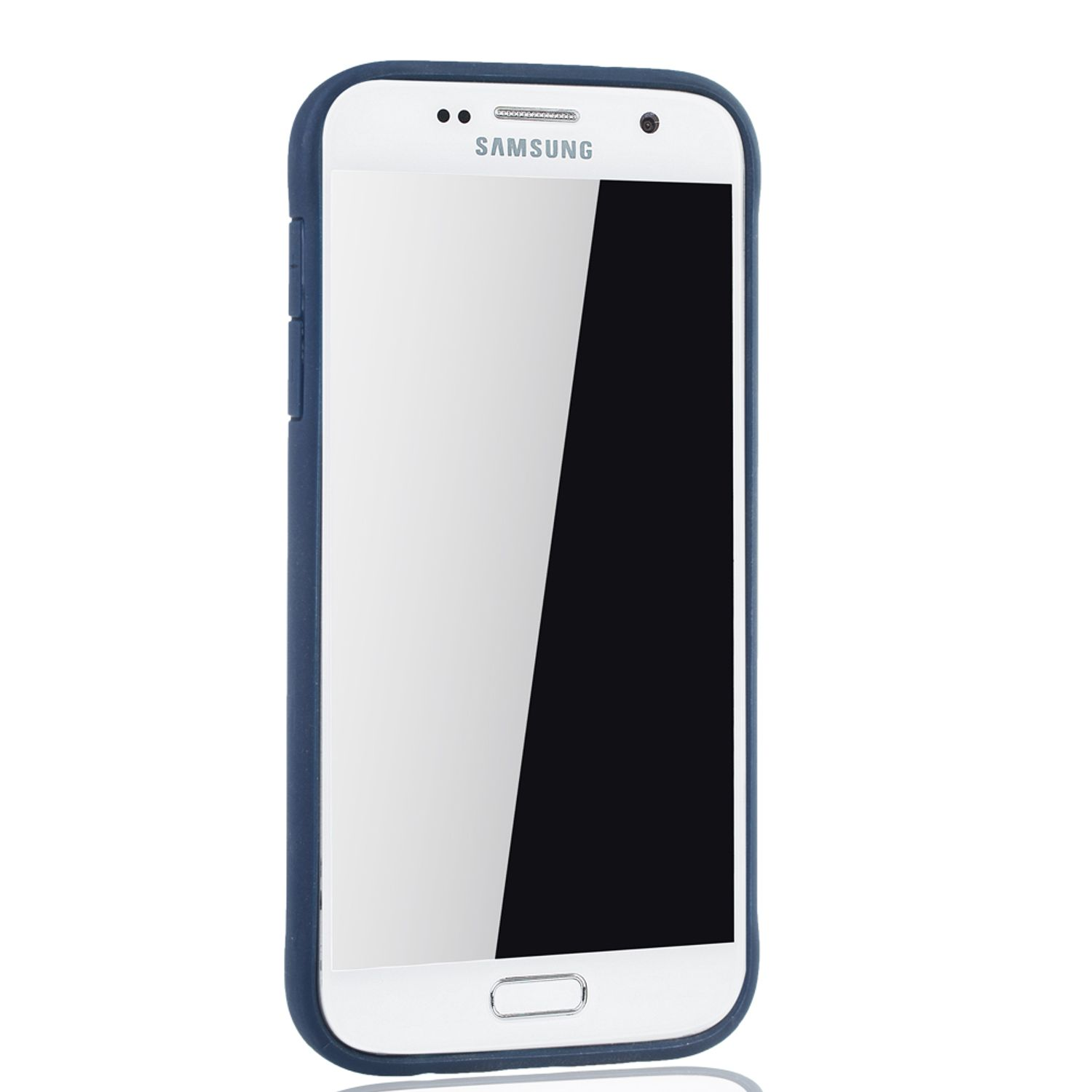 Weißes Telefon in blauem Gehäuse, Seitenansicht, Samsung-Logo sichtbar.