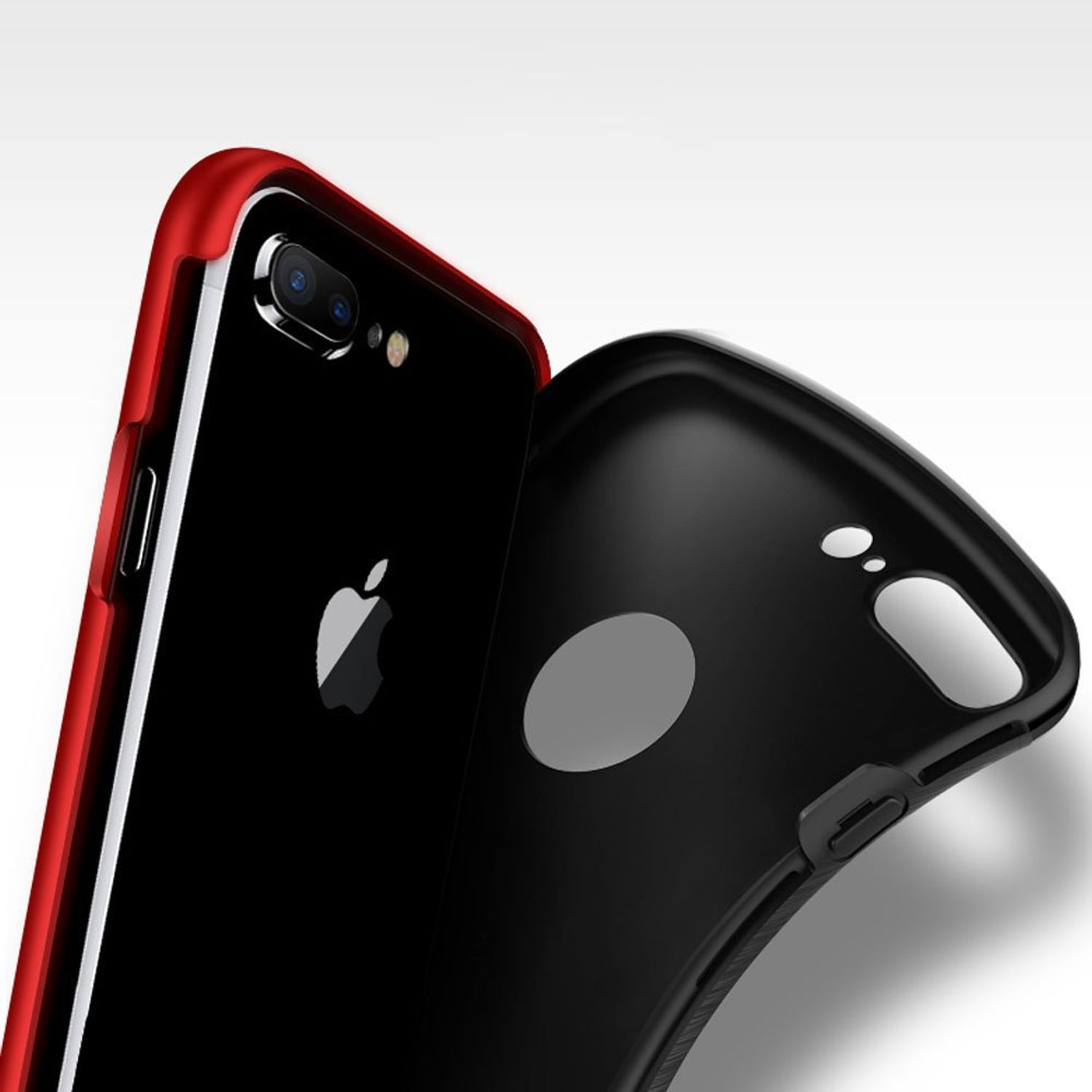 Schwarzes iPhone mit rotem Rahmen. Die Hülle ist getrennt und zeigt die Rückseite.
