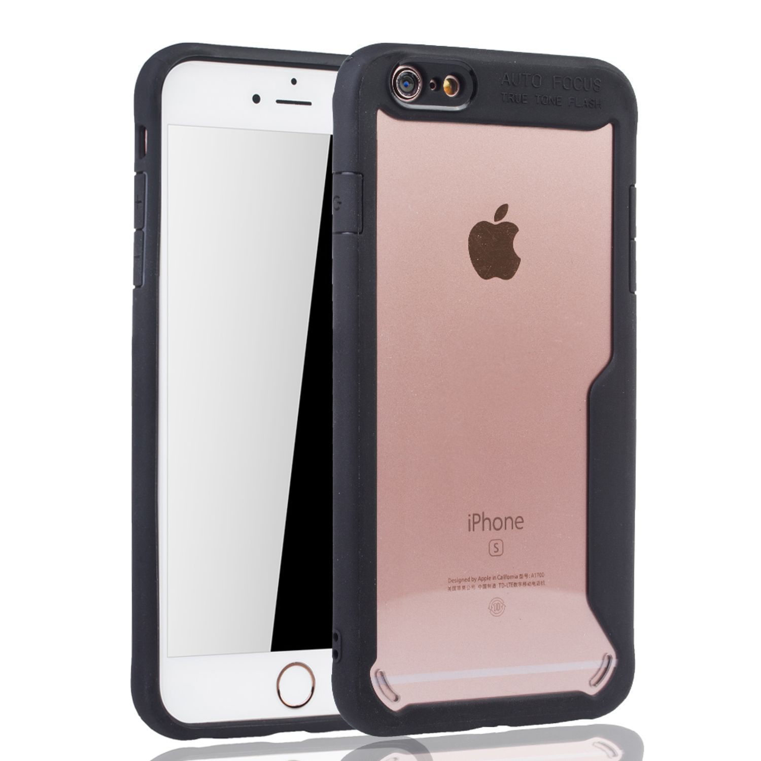 Ein Telefon in einer schwarzen Hülle, das seine rosa Rückseite zeigt. Die Hülle hat eine klare Vorderseite.