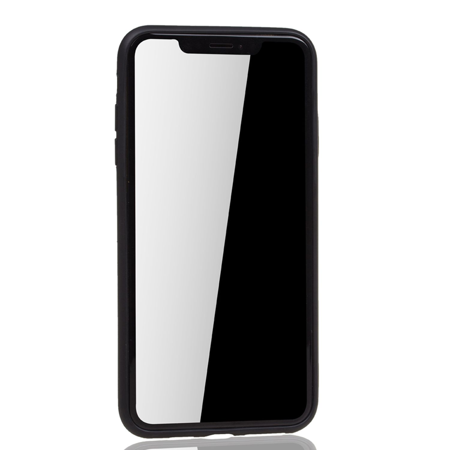 Ein schwarzes Smartphone mit schwarzem Bildschirm und Hülle. Das Telefon befindet sich auf weißem Hintergrund.