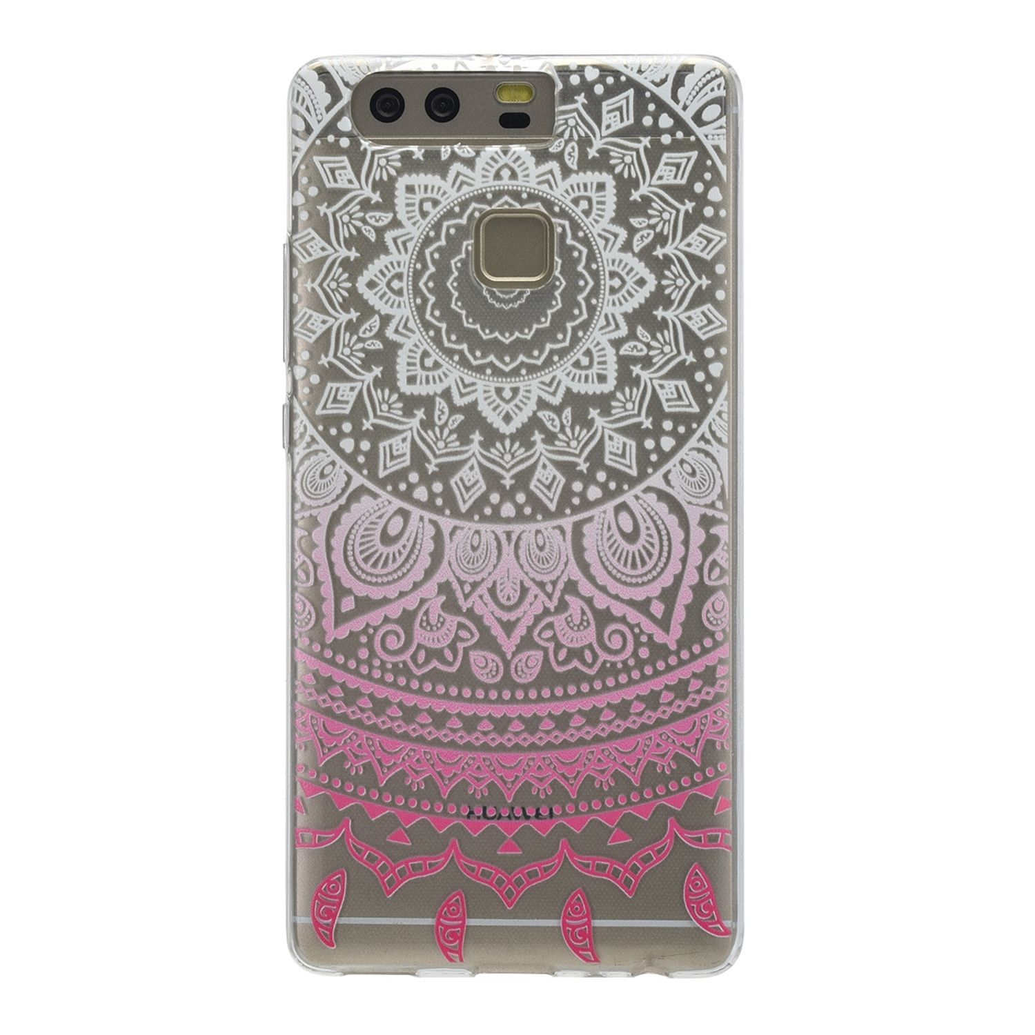 Handyhülle mit weißem und rosa Mandala-Design. Die Hülle liegt auf einer weißen Oberfläche.