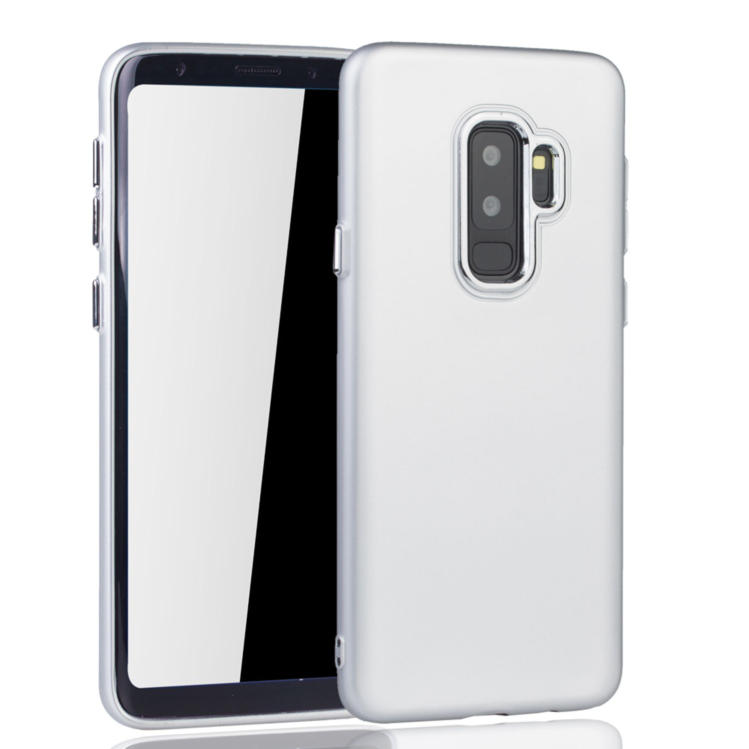 Silbernes Smartphone in einer silbernen Hülle, zeigt die Rückseite und die Seitenansicht des Telefons.