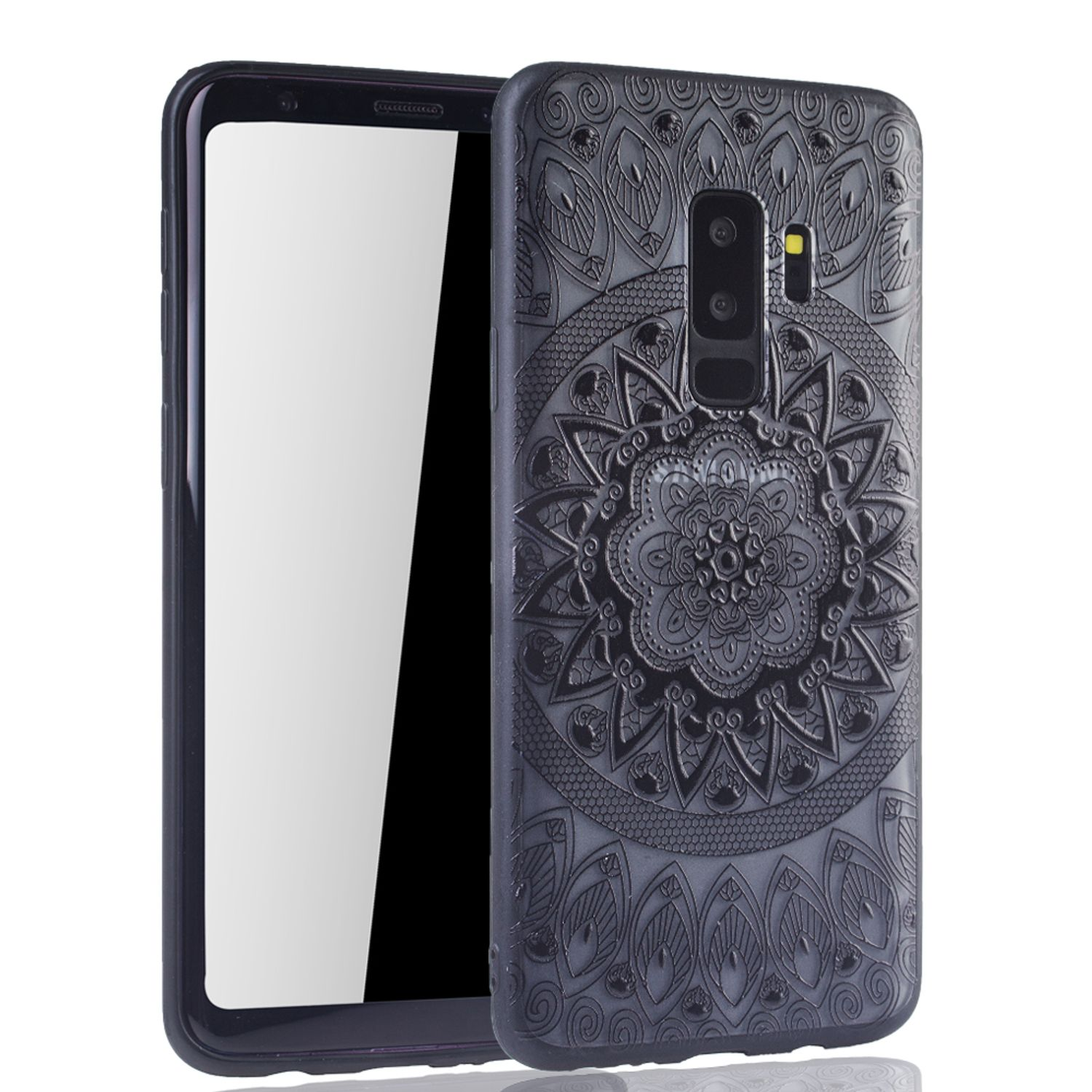 Telefon mit dekorativer Mandala-Hülle. Telefon auf weißer Oberfläche.