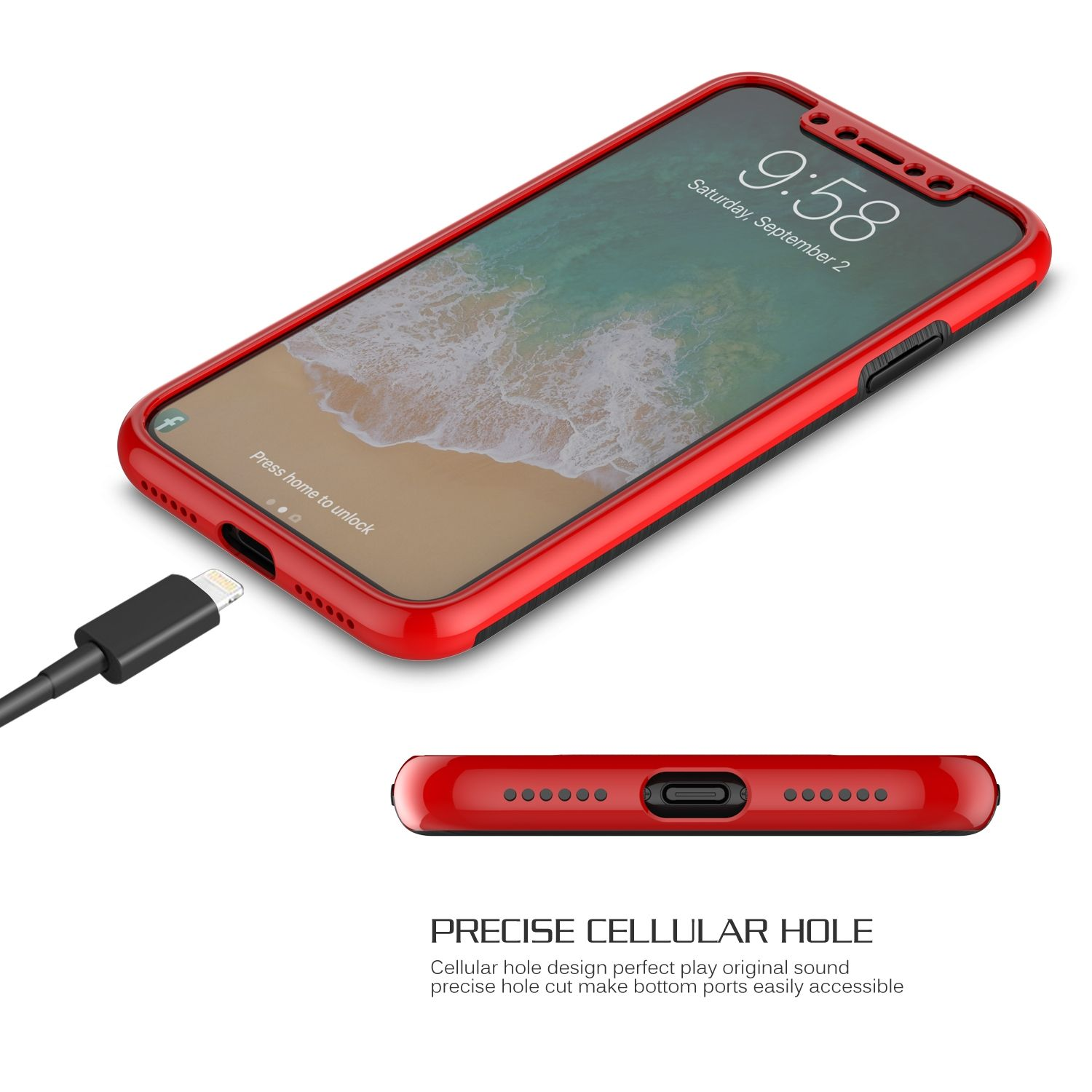 iPhone in einer roten Hülle, mit eingestecktem Ladekabel. Die Unterseite der Hülle ist sichtbar.