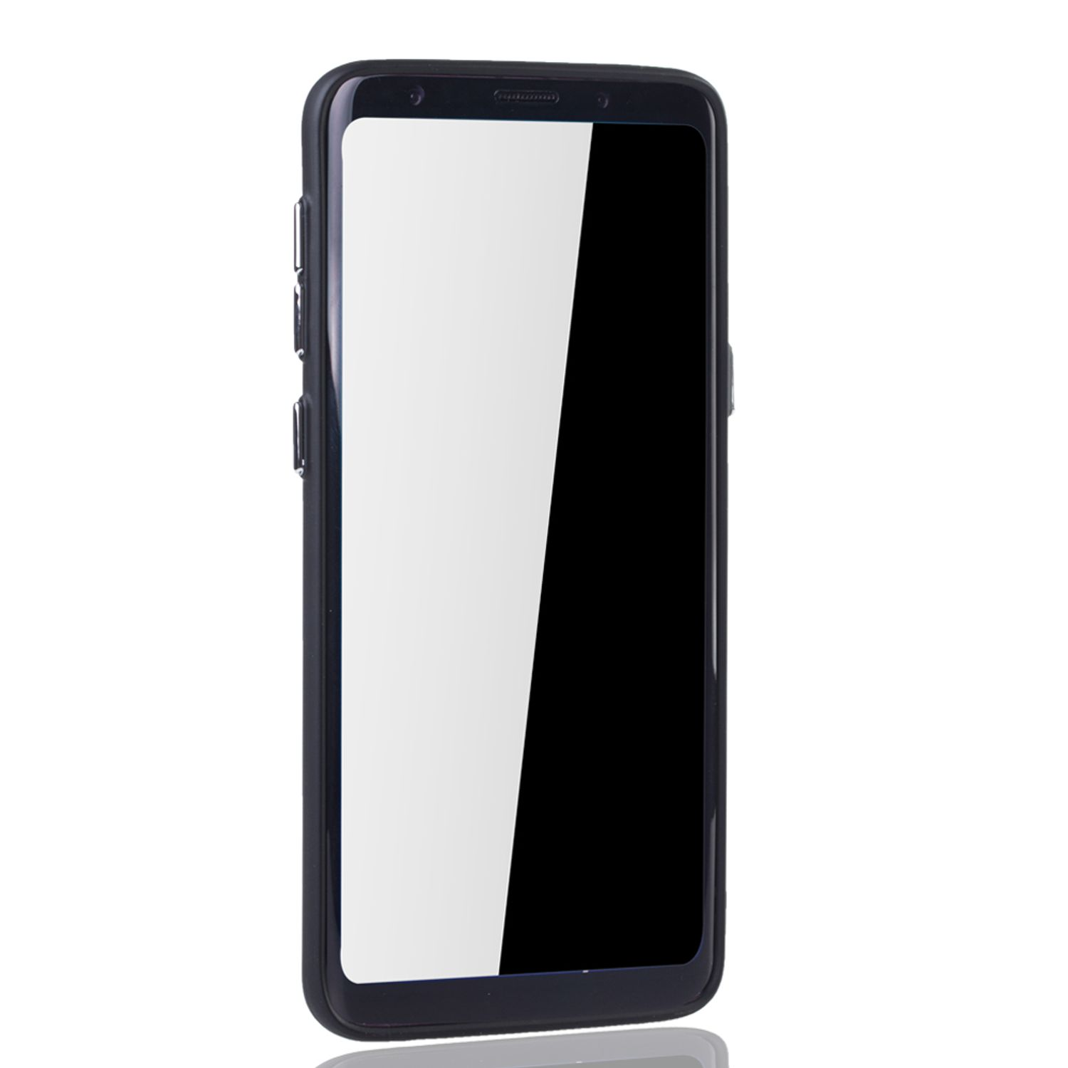 Schwarzes Telefon in der Hülle, der Bildschirm ist weiß. Seitentasten sind sichtbar.