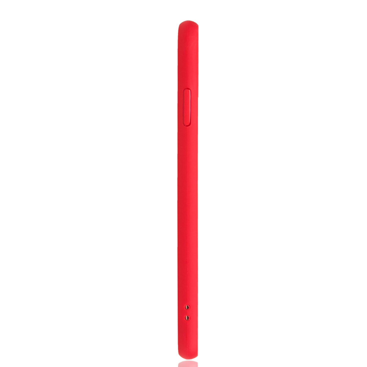 Eine rote Handyhülle von der Seite, die die Seitentasten zeigt, vor weißem Hintergrund.