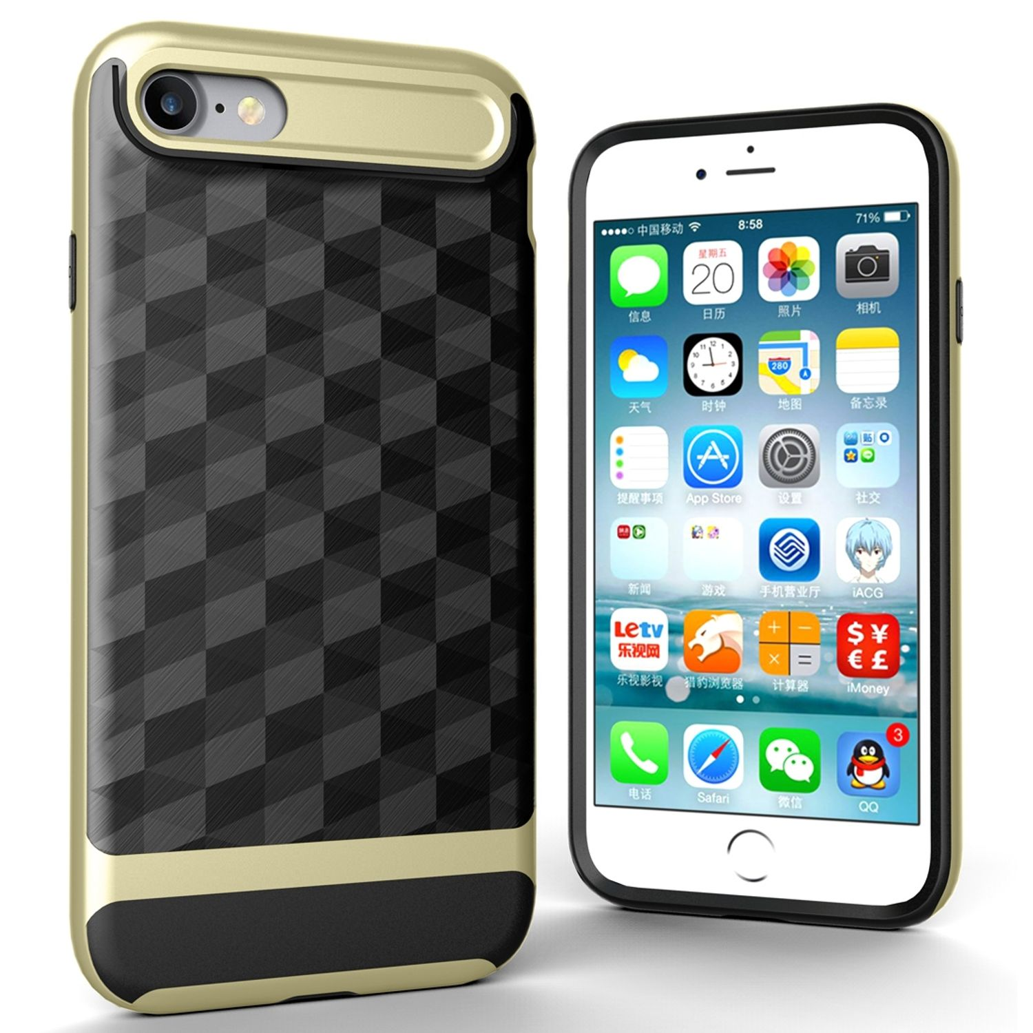 Ein iPhone mit Hülle, eine schwarz-goldene Abdeckung. Das Telefon zeigt chinesische App-Symbole.